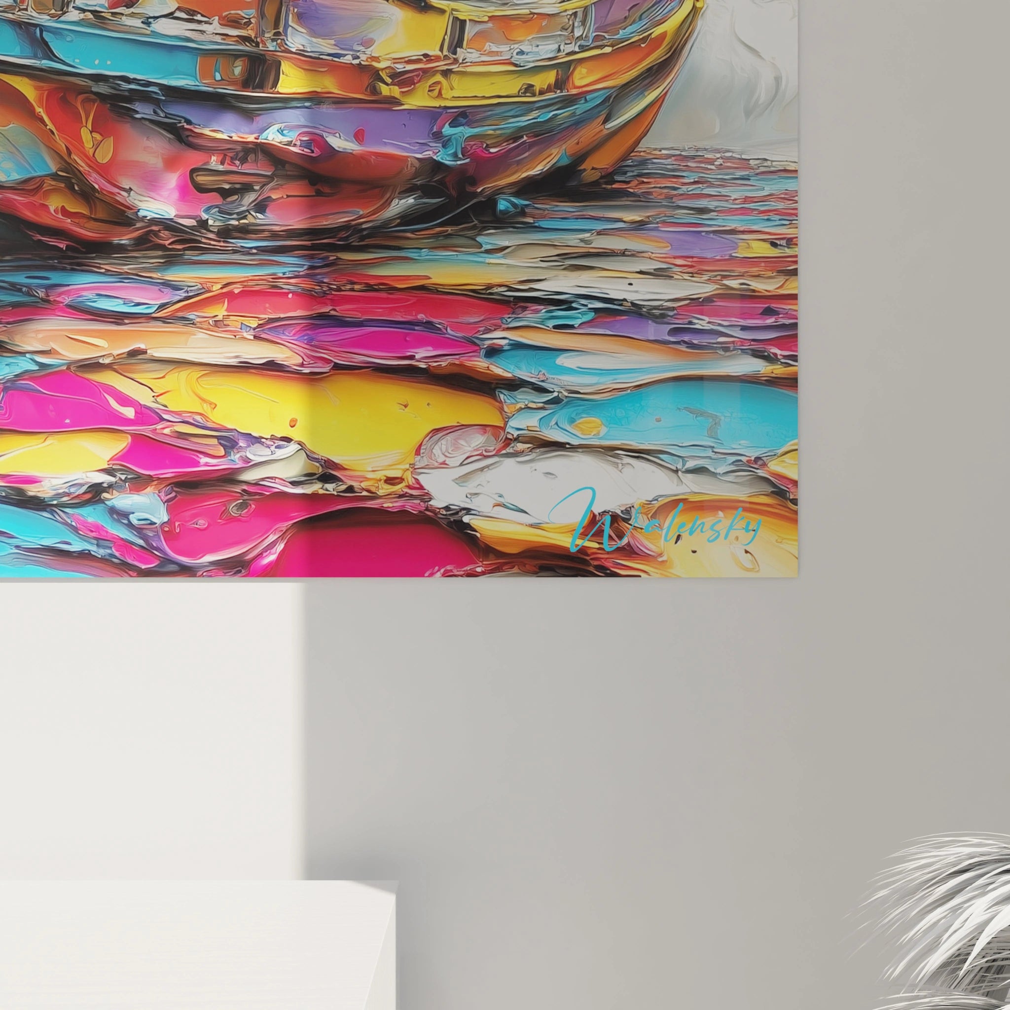 Vue ensemble tableau mural bateau échoué coloré décoration murale art contemporain maritime