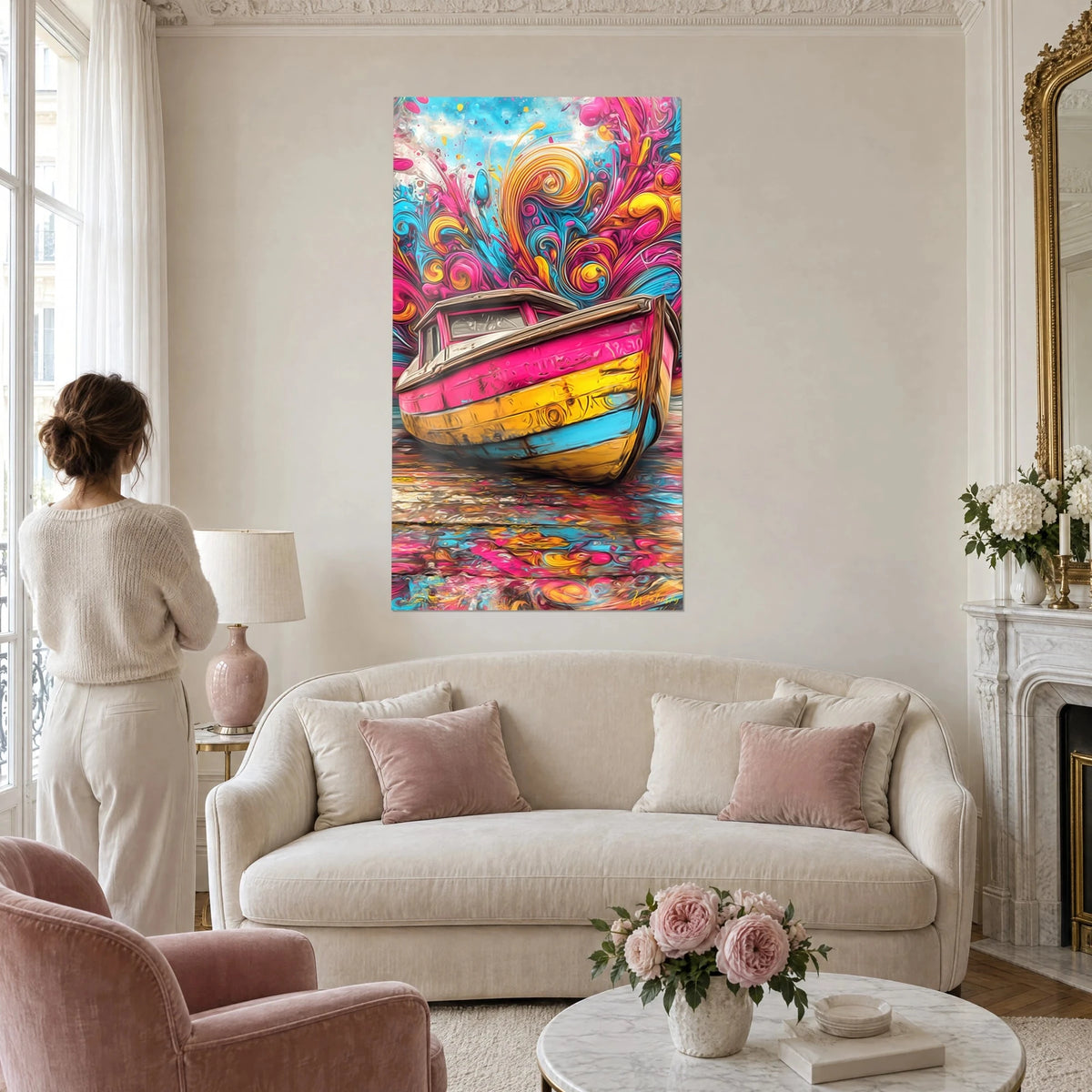 Gemälde Boot in Rosa und Gelb auf spiegelndem Boden, psychedelische Wirbel, Frau von hinten, über einem Sofa in einem hellen Wohnzimmer