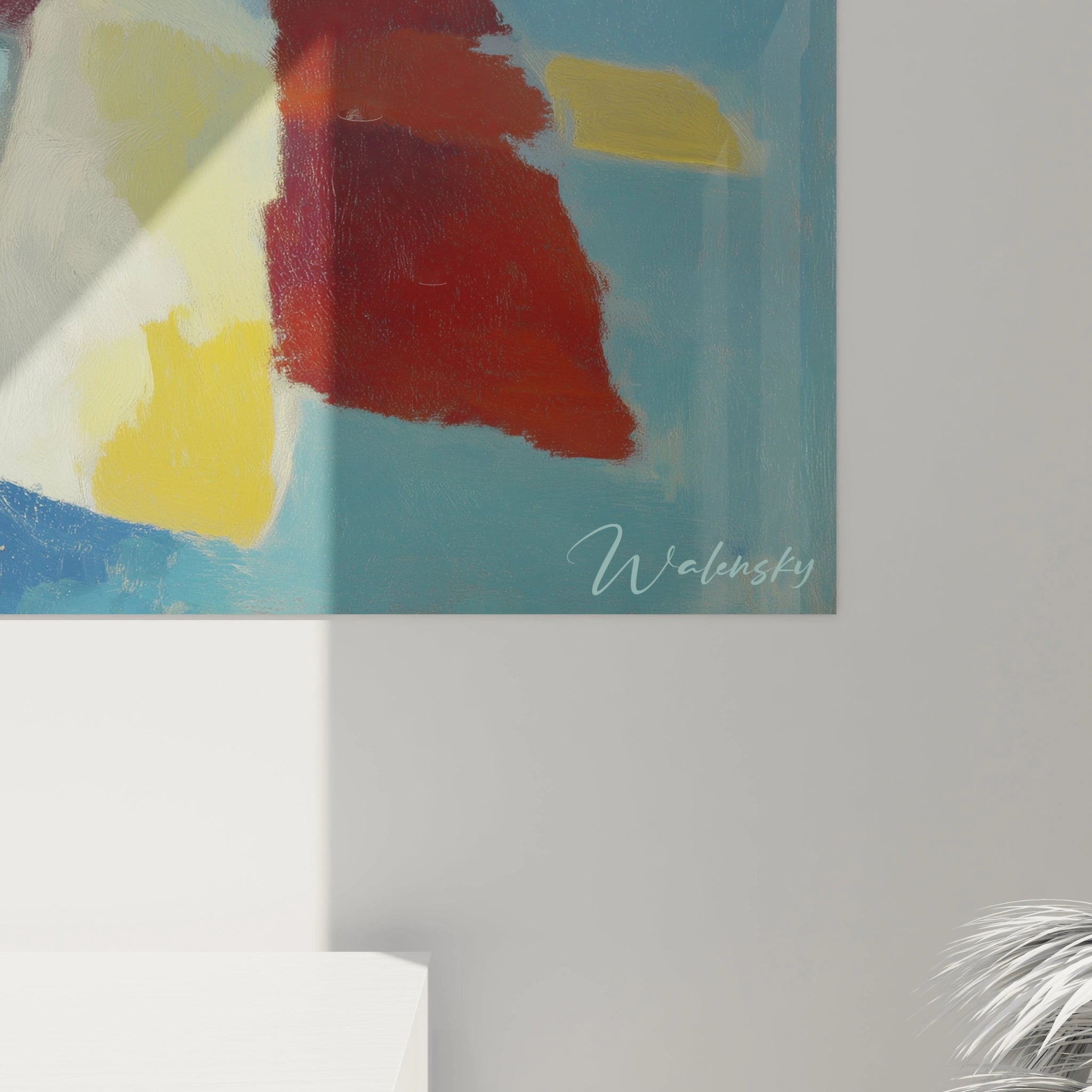 Tableau mural Walensky montrant verre a pied, bouteille et fleur jaune sur fond artistique tableau bateau abstrait