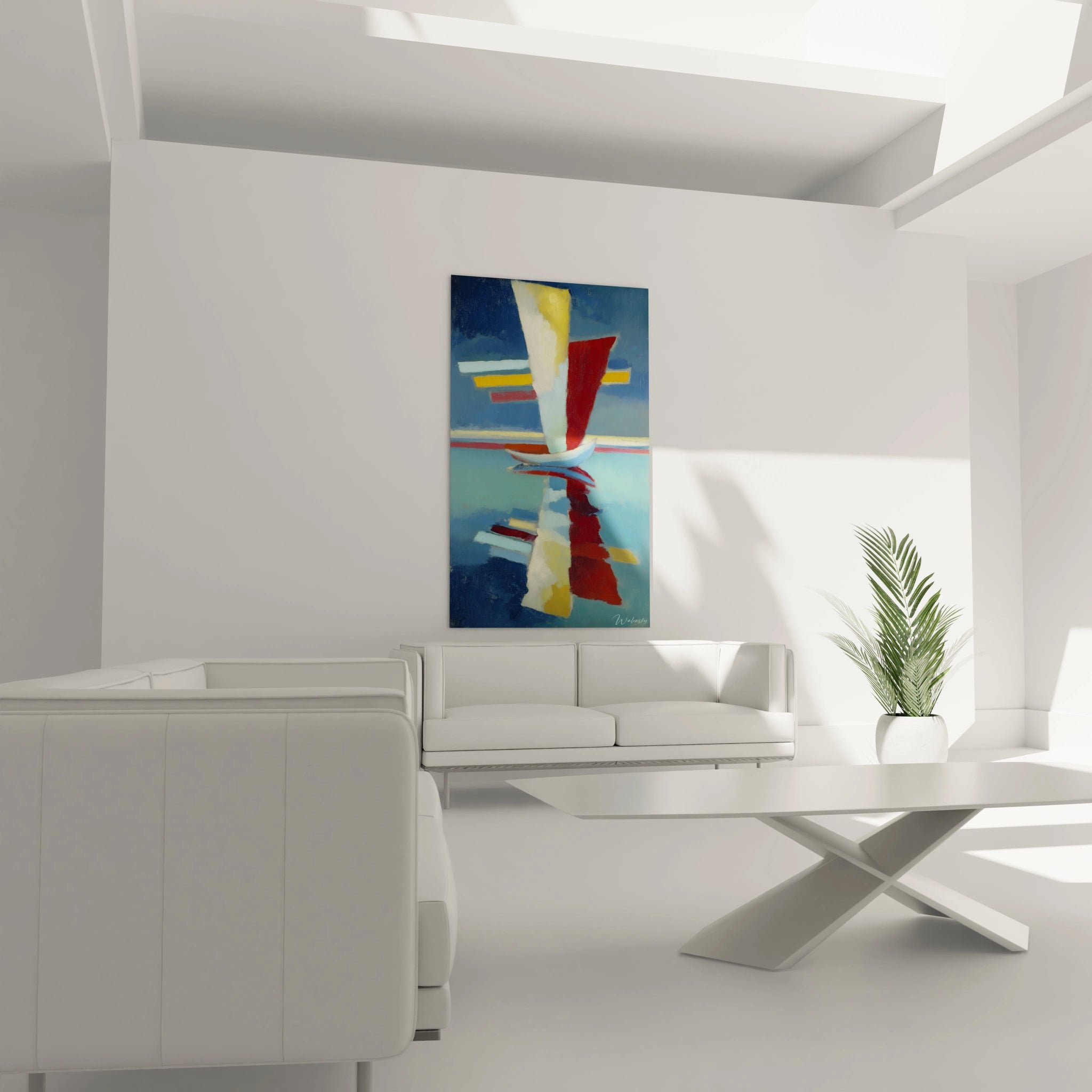 tableau bateau abstrait Walensky mural vertical aux couleurs vives rouge jaune bleu reflet d'eau dans salon minimaliste