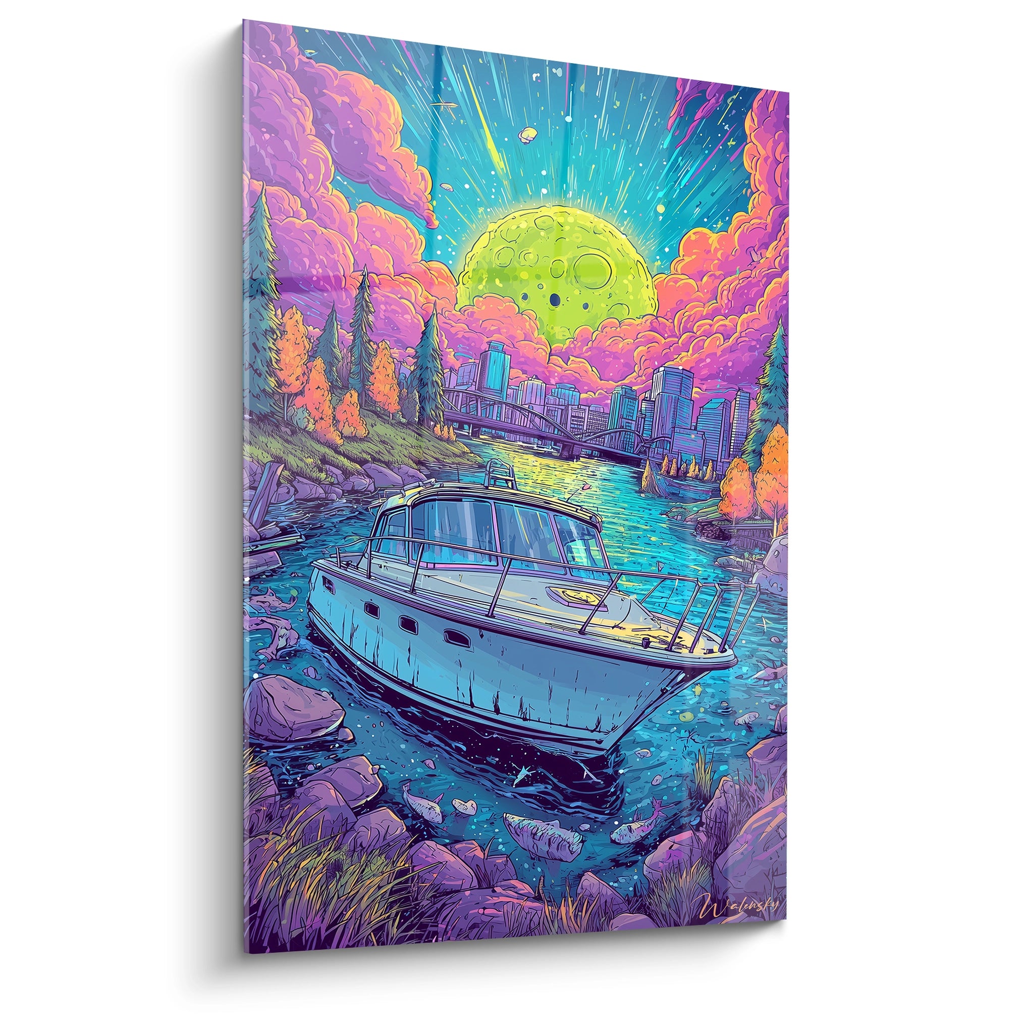Tableau mural bateau futuriste naviguant sous lune verte dans paysage psychédélique bande dessinée