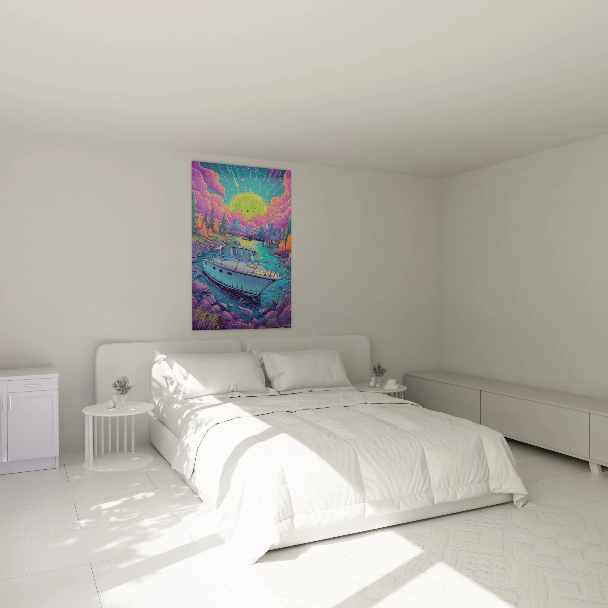 Décoration chambre avec tableau bateau cosmique aux couleurs violettes et turquoise style BD