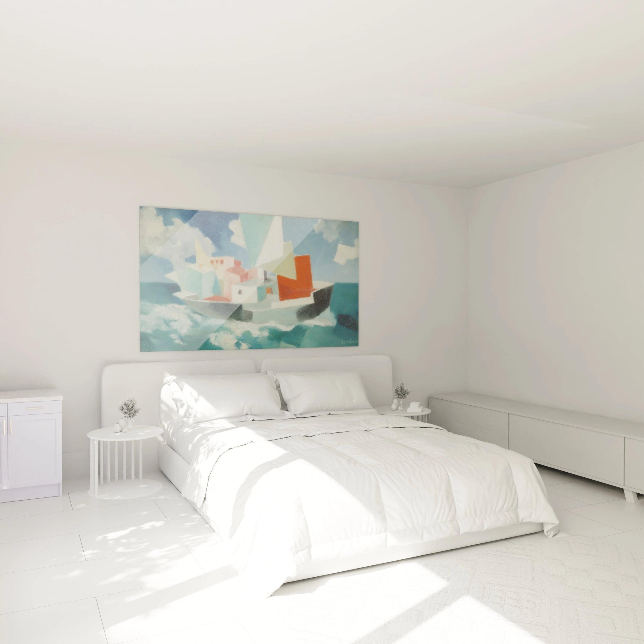 tableau bateau naufrage coloré Walensky accroché au dessus d'un lit dans une chambre blanche minimaliste