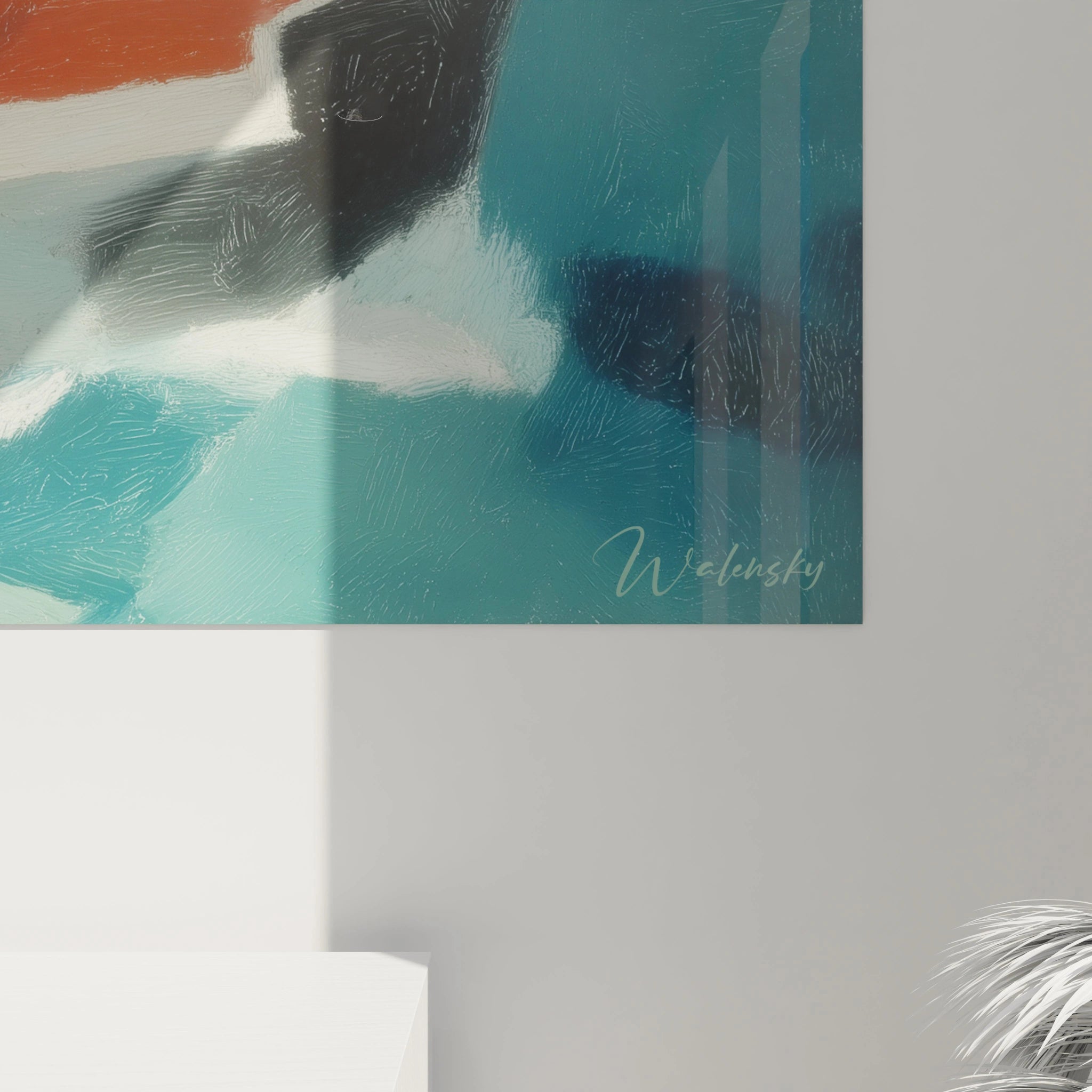 Tableau mural Walensky abstrait aux tons turquoise blanc noir et orange, signature visible, tableau bateau naufrage coloré
