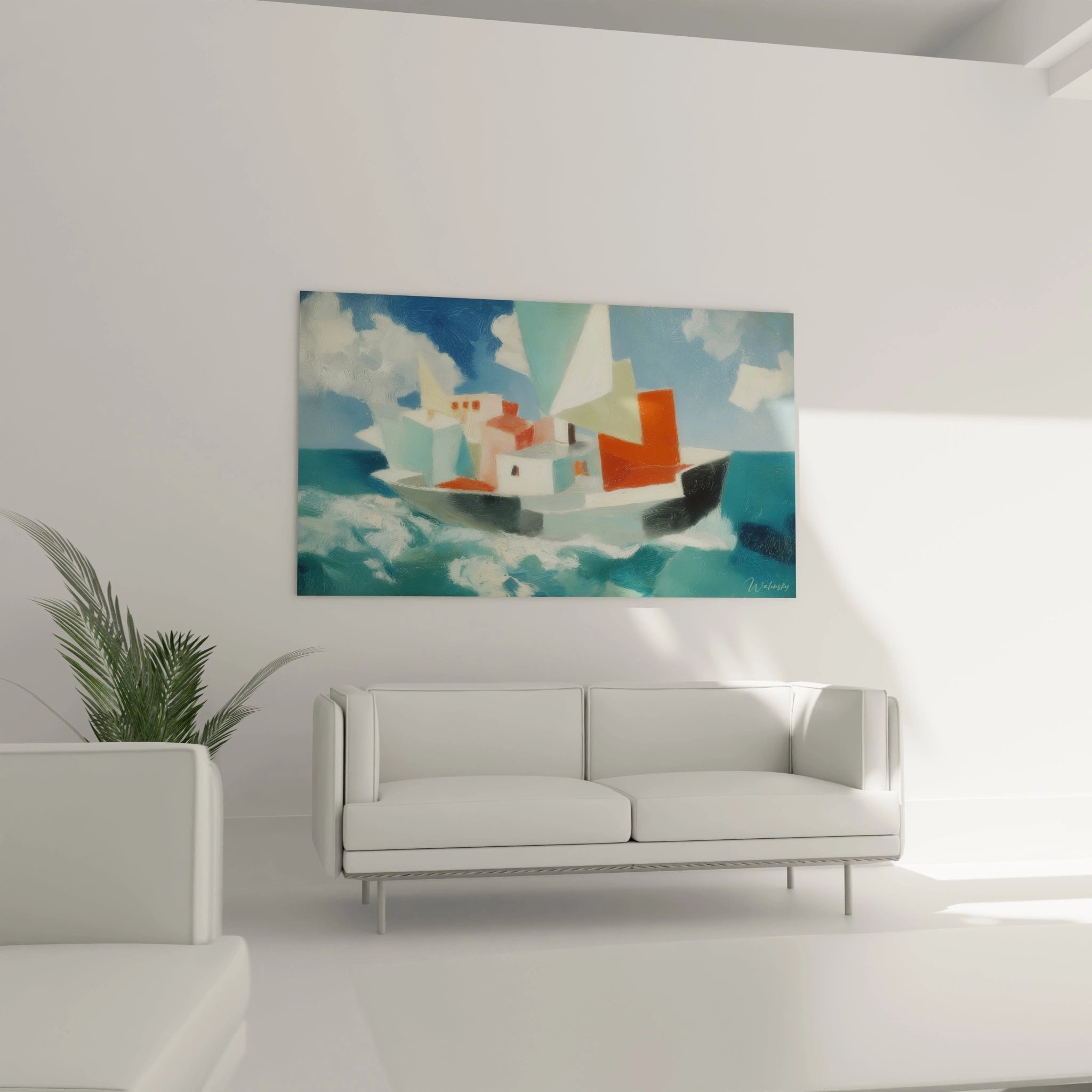 Tableau mural Walensky montrant un tableau bateau naufrage coloré abstrait sur la mer au dessus d un canapé blanc minimaliste