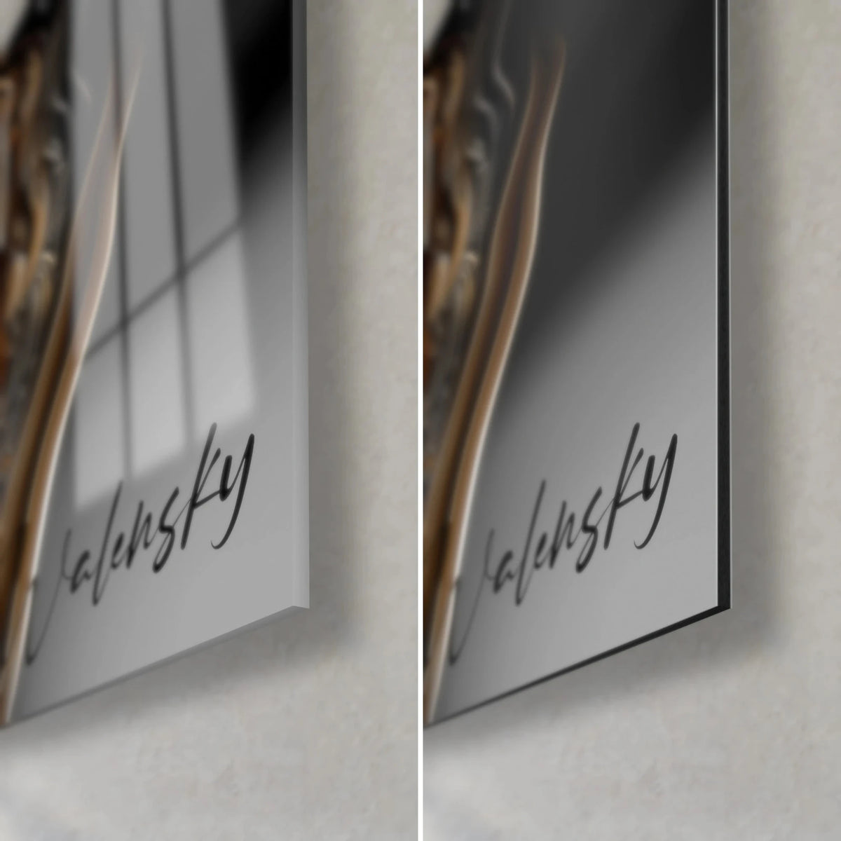 Wall art ornamented boat, lower right corner detail: glossy acrylic glass on the left, matte black Walensky Dibond aluminum on the right, 3 mm edge