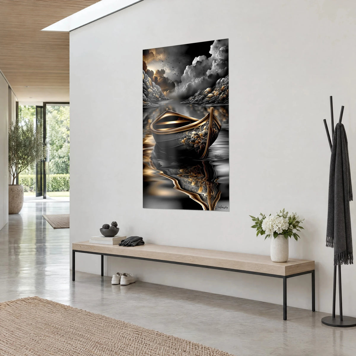 Wall art skiff with gold and graphite arabesque carving on its hull, dark mirror-like water, stormy sky, three-quarter view in a hallway