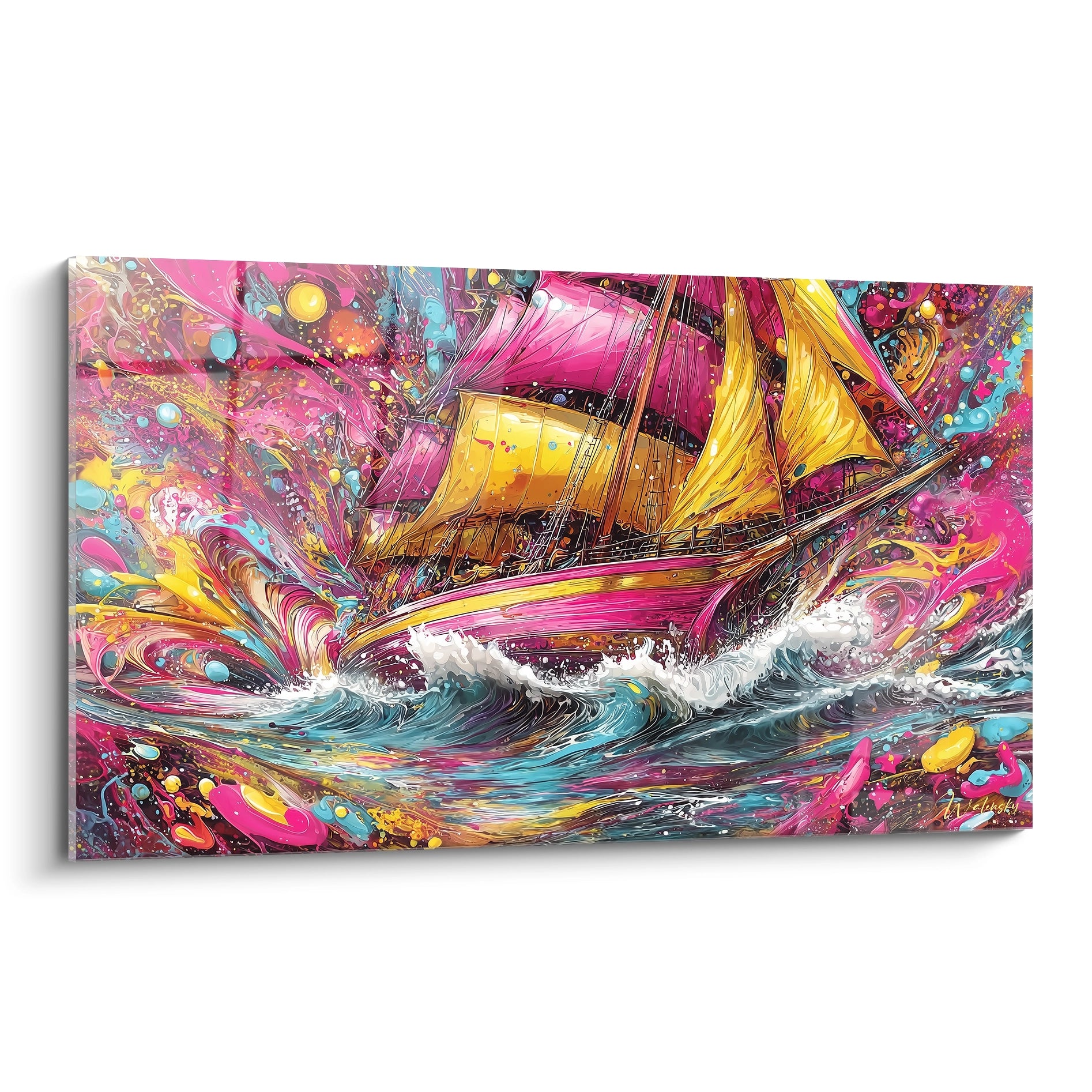 Tableau mural bateau pirate psychédélique aux couleurs vives rose et or sur mer turquoise