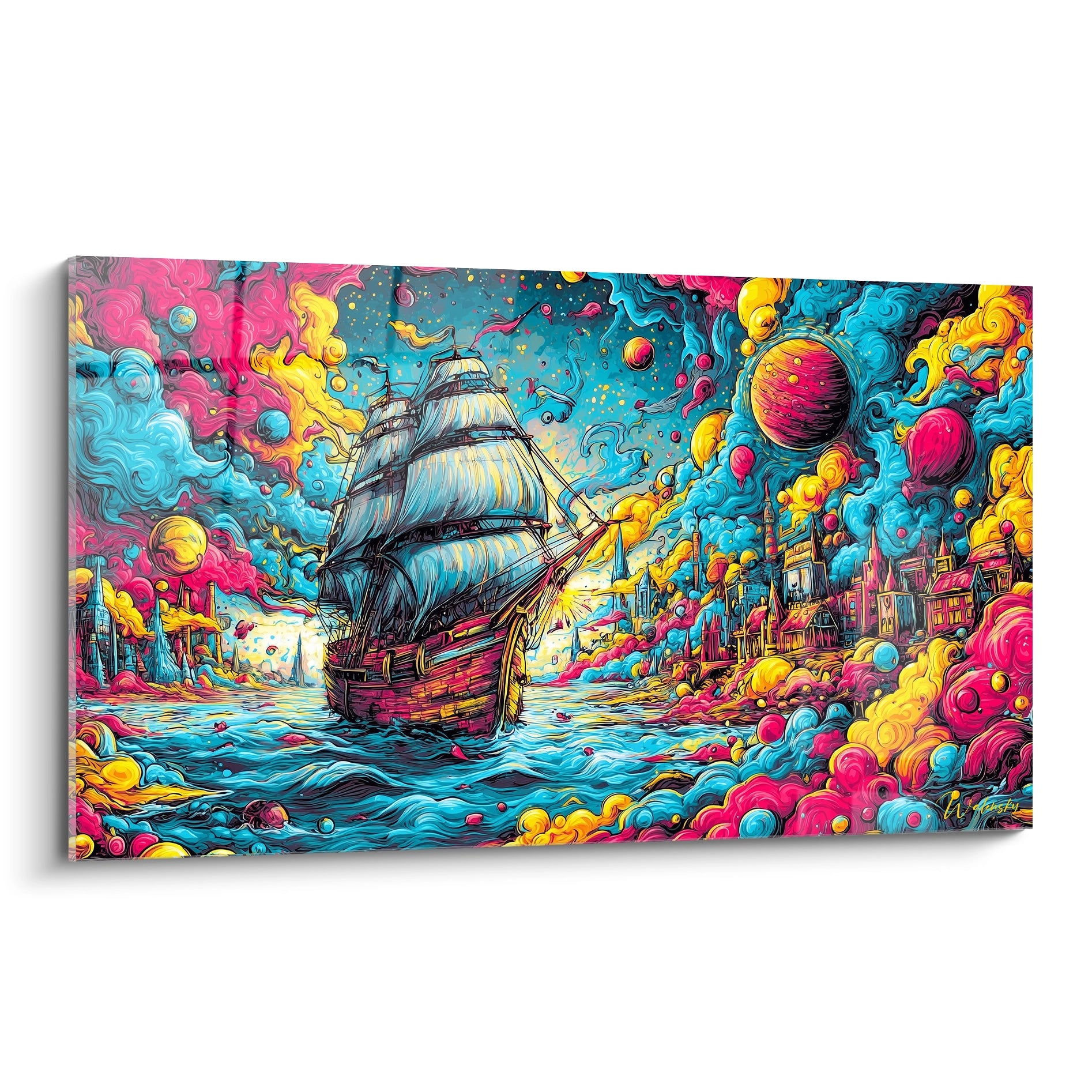 Tableau mural bateau pirate psychédélique avec couleurs vives roses jaunes bleues style fantastique décoratif