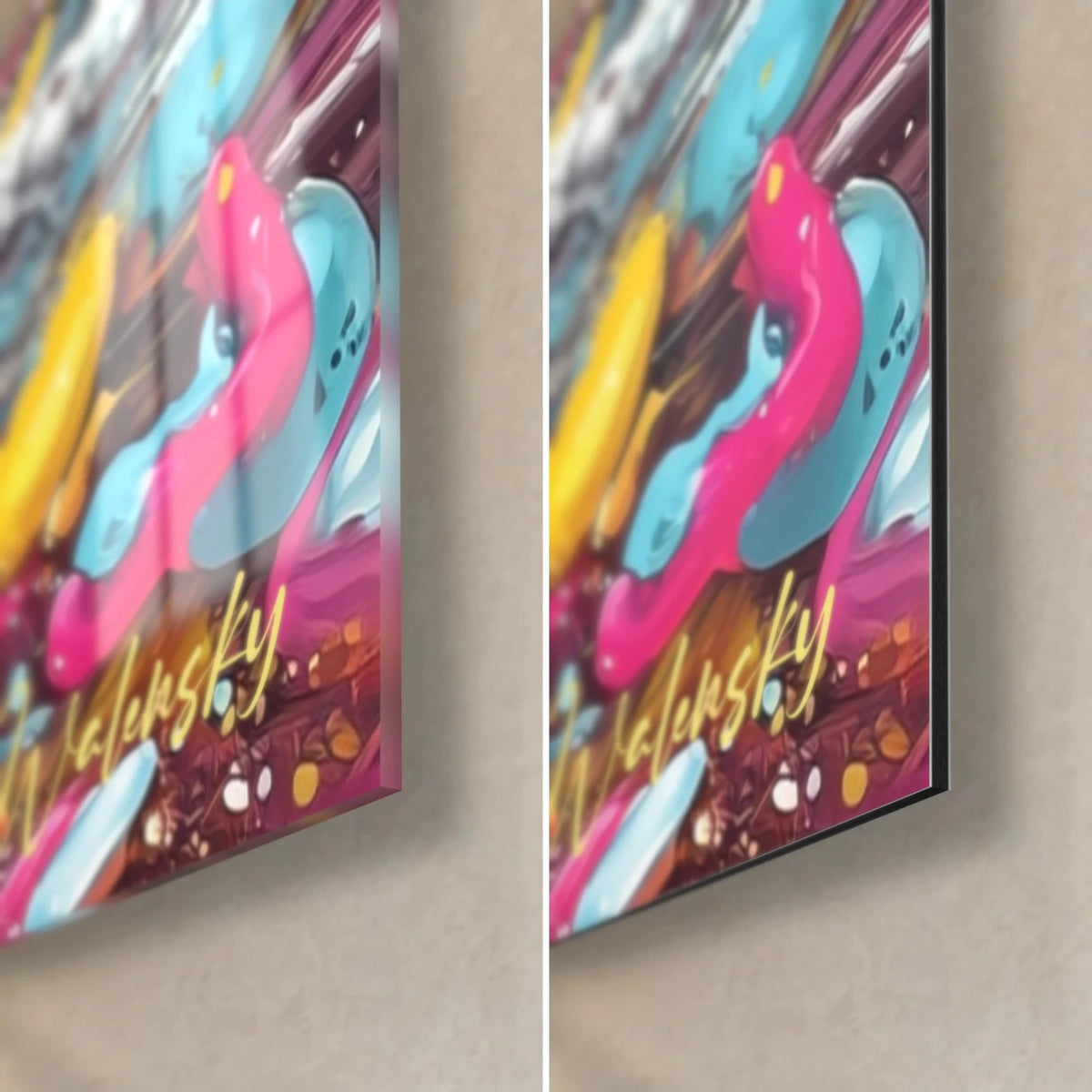 Quadro nave pirata psichedelica, angolo in basso a destra: colature rosa e turchese, firma Walensky, spessore 3 mm, vetro lucido e Dibond opaco
