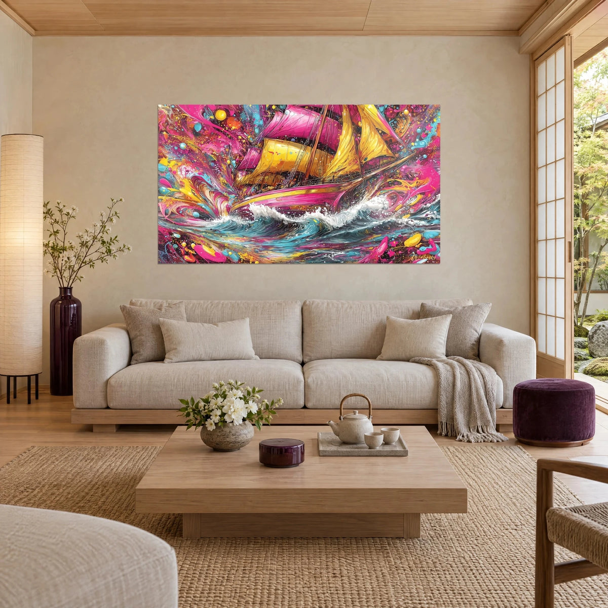 Quadro veliero con vele giallo oro e magenta che fende un'onda, schizzi psichedelici di spuma, sopra un divano in un soggiorno luminoso