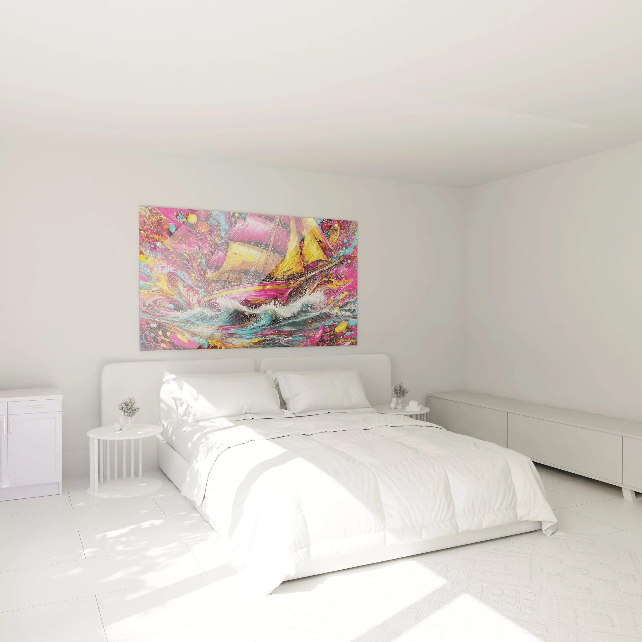 Vue ensemble tableau mural bateau pirate tempête couleurs explosives art contemporain