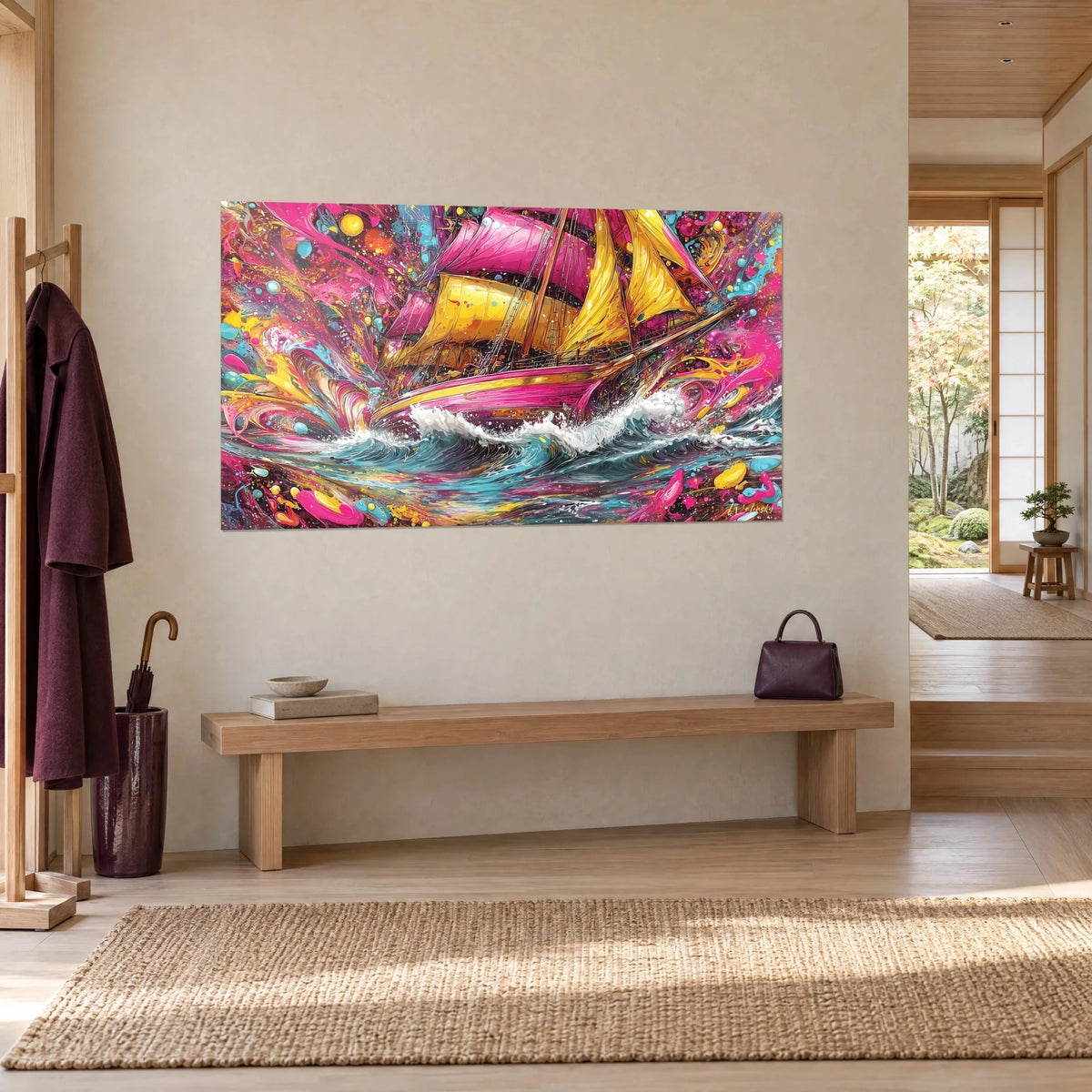 Quadro nave pirata a tre alberi su un mare turchese spumeggiante, scafo rosa acceso e giallo, vista di tre quarti in un ingresso japandi