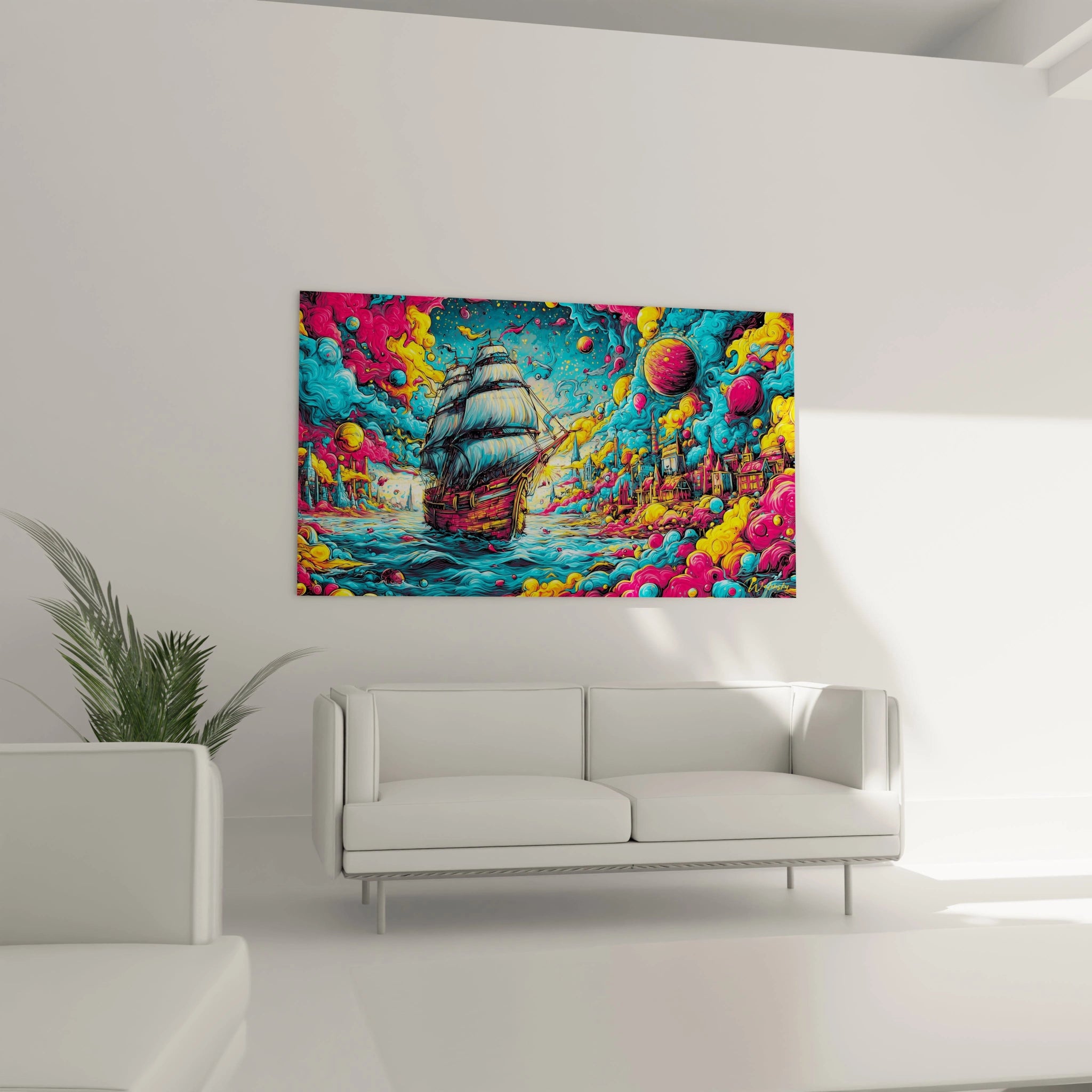 Détail tableau bateau pirate couleurs saturées style psychédélique art décoratif maritime gros plan