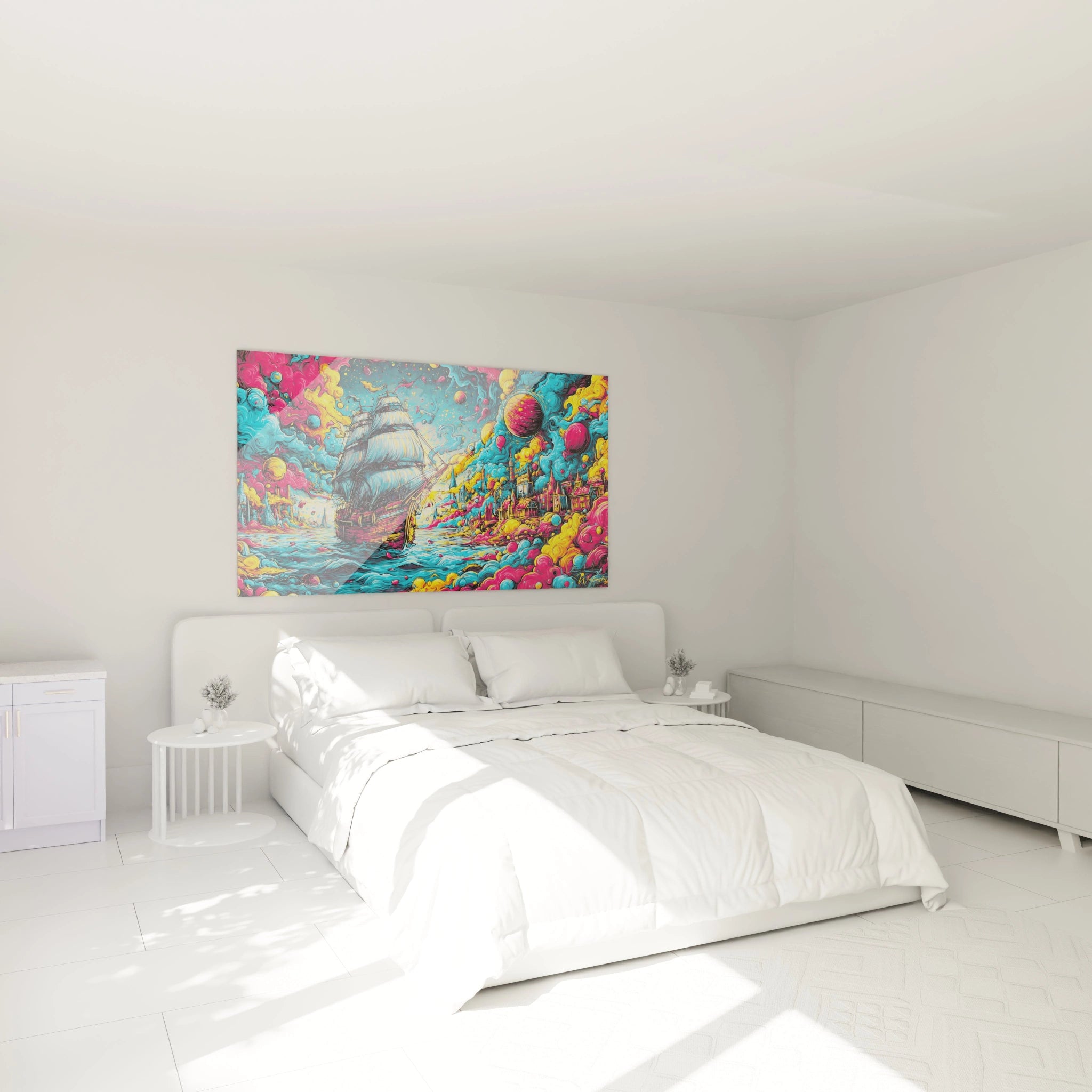 Décoration chambre tableau bateau pirate coloré ambiance psychédélique art mural maritime fantastique