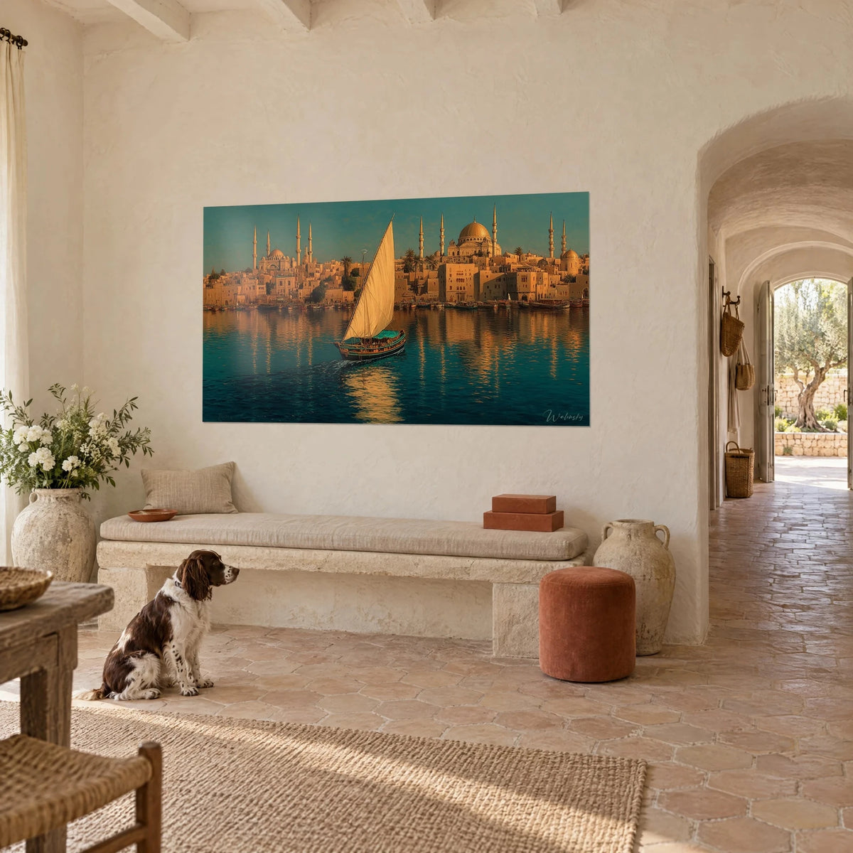 Wall art oriental sailboat with green hull and cream sail, amber reflections on dark water, domed mosque in the background, Provençal farmhouse
