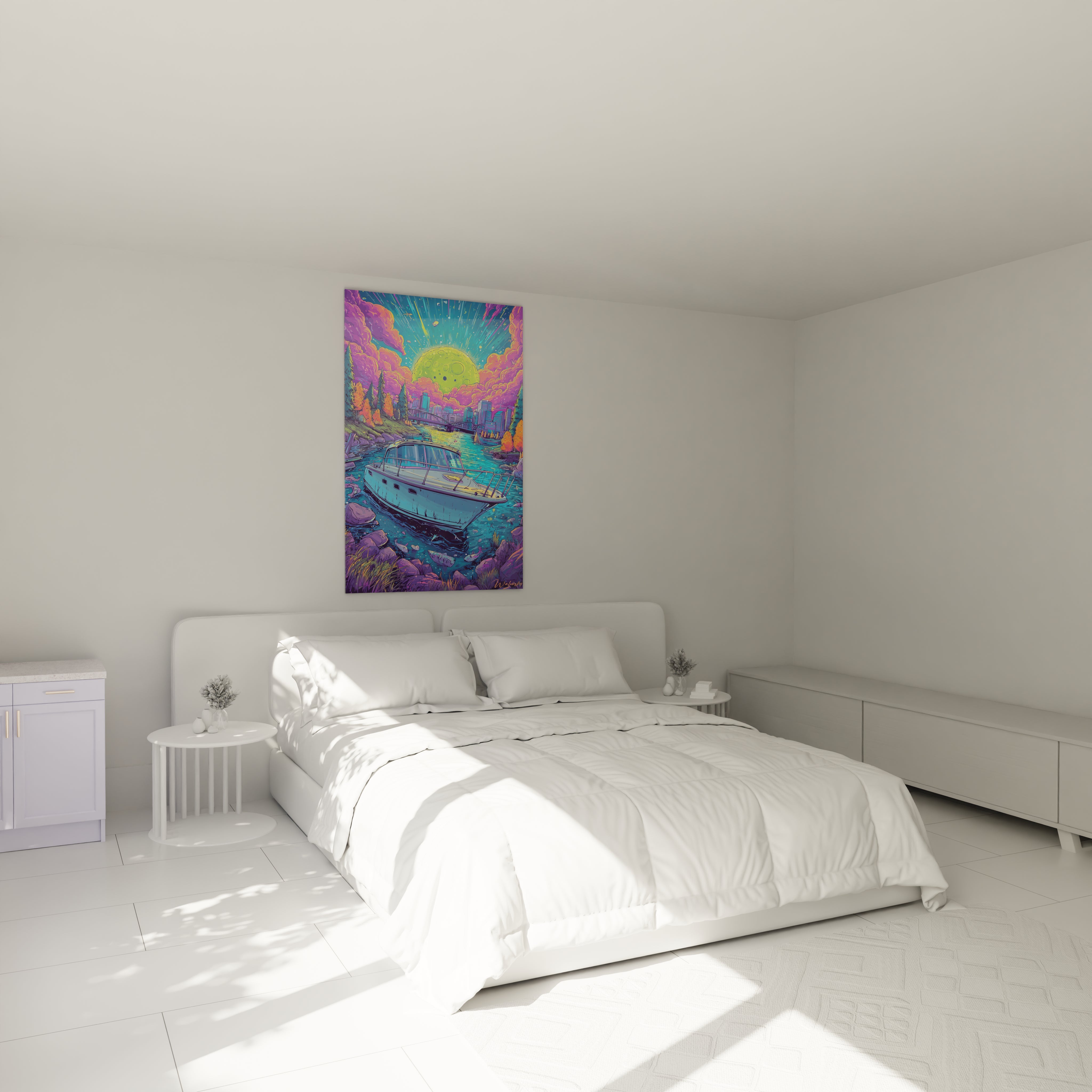 Décoration chambre avec tableau bateau cosmique aux couleurs violettes et turquoise style BD
