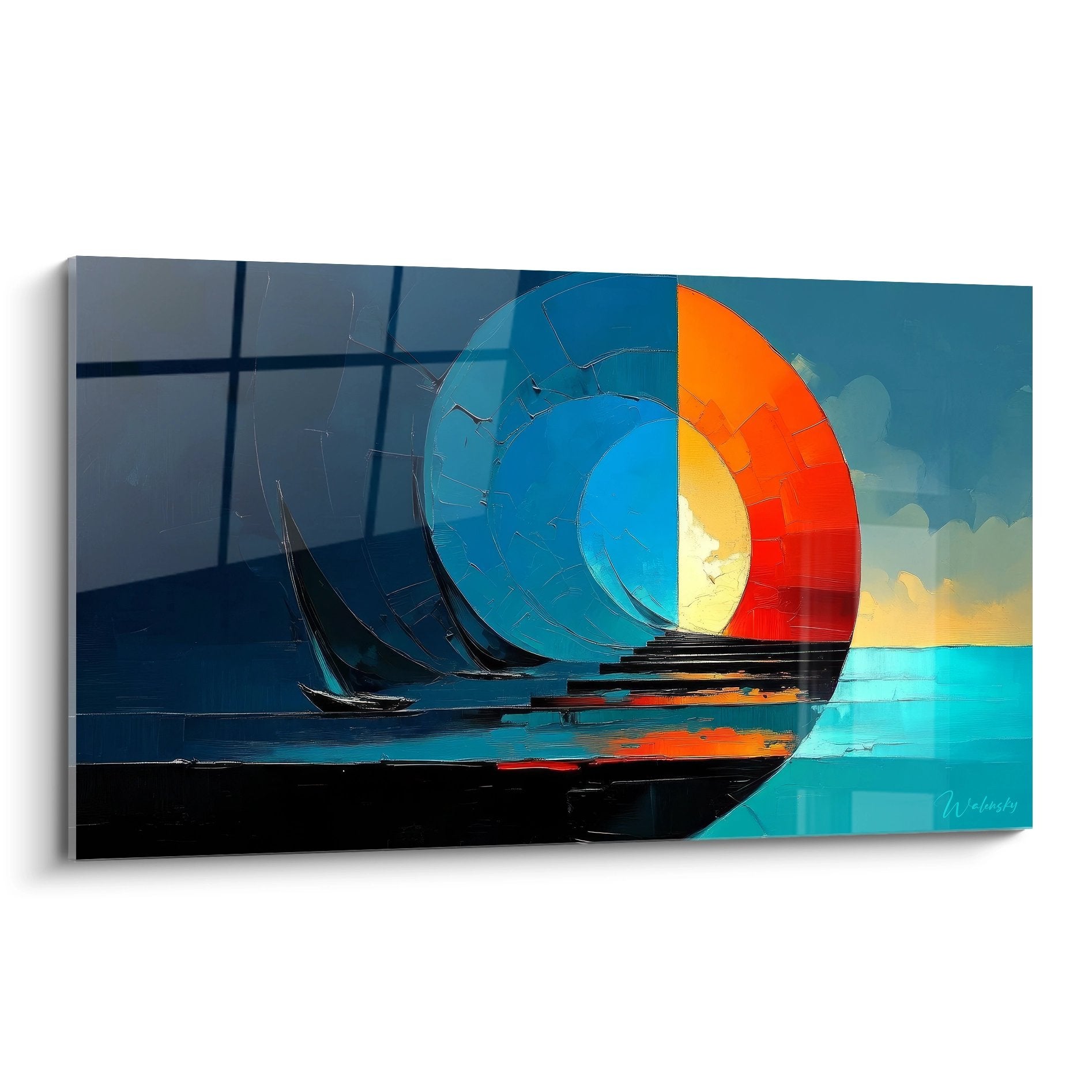 Tableau mural bateau voilier spirale abstrait coucher soleil orange bleu art maritime moderne