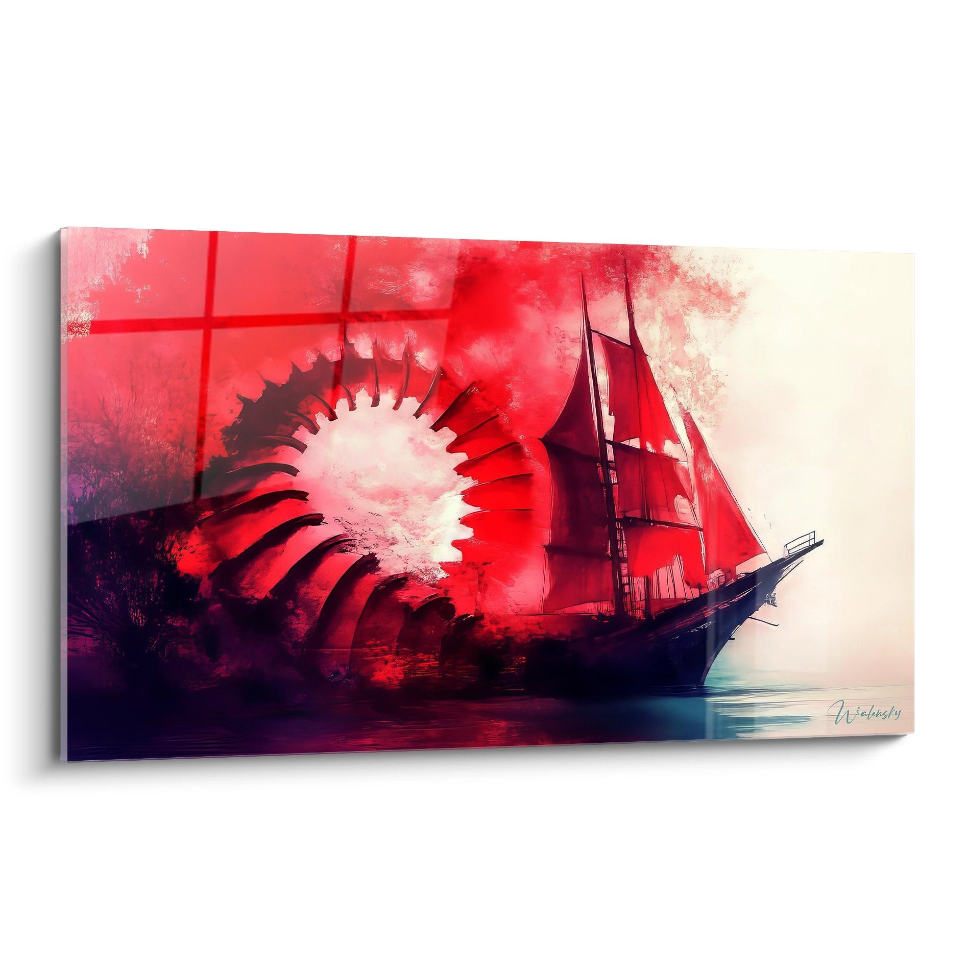 Tableau mural bateau voilier rouge dans tempête avec spirale abstraite, décoration maritime moderne