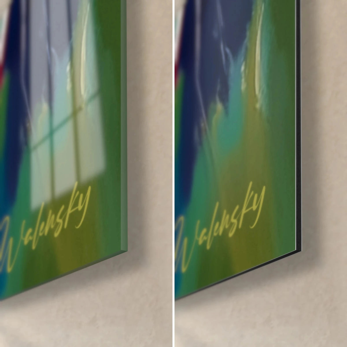 Wall art of impressionist boats, bottom right corner: orange hull and midnight blue shadow, glossy glass on the left, matte Dibond on the right, thin edge