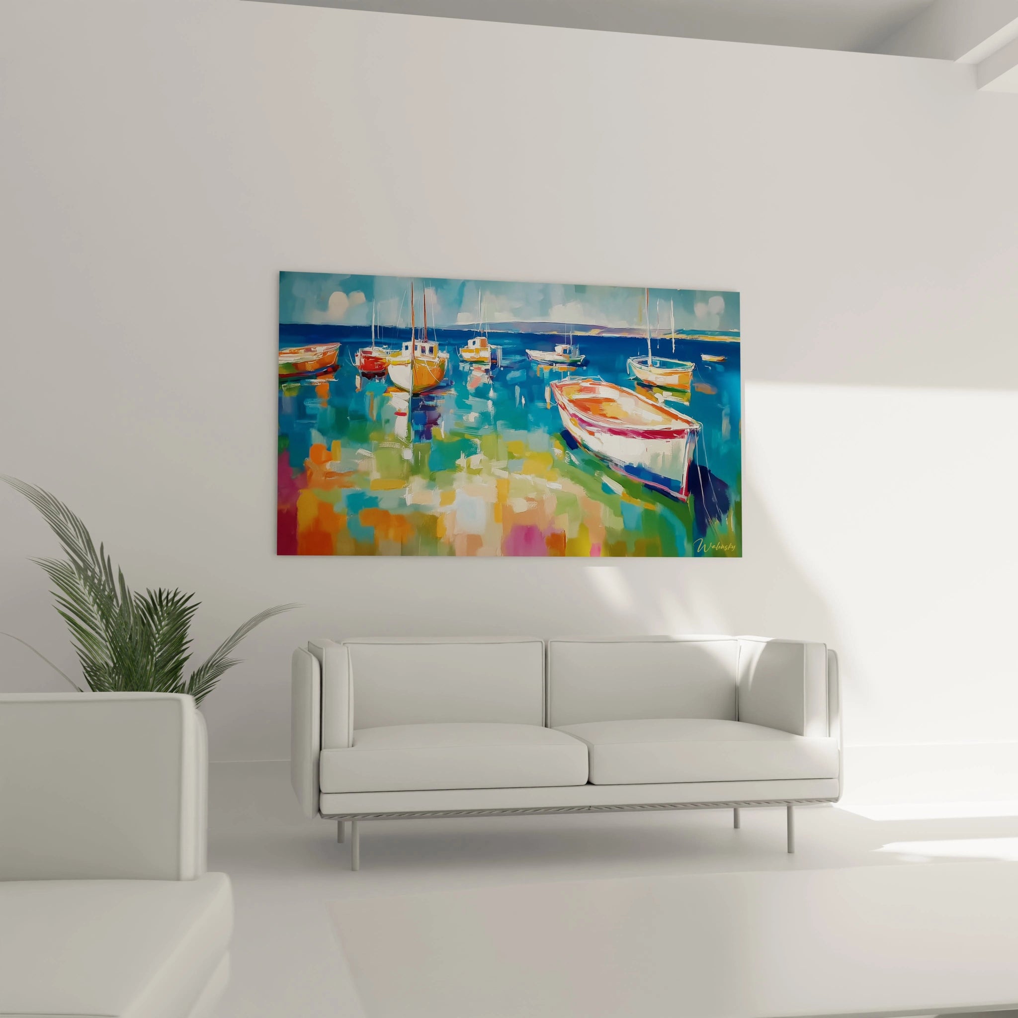 Tableau mural Walensky tableau bateaux impressionnisme couleurs vives bateaux sur l eau accroche au dessus d un canapé blanc