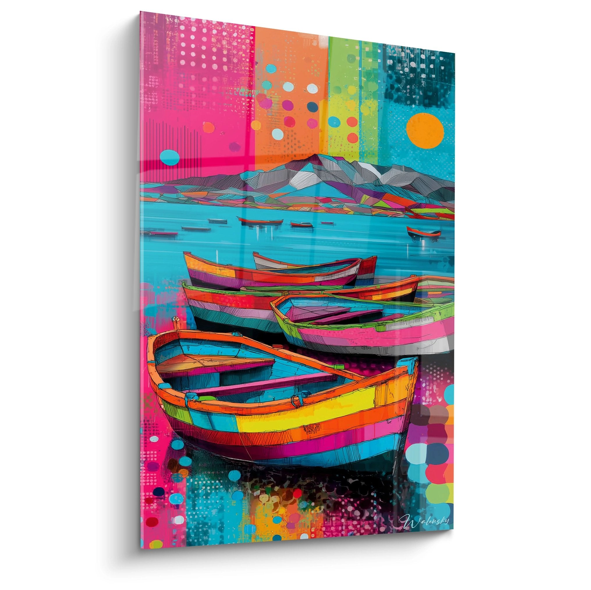 Tableau mural bateaux colorés au bord d'un lac de montagne avec style pop art contemporain
