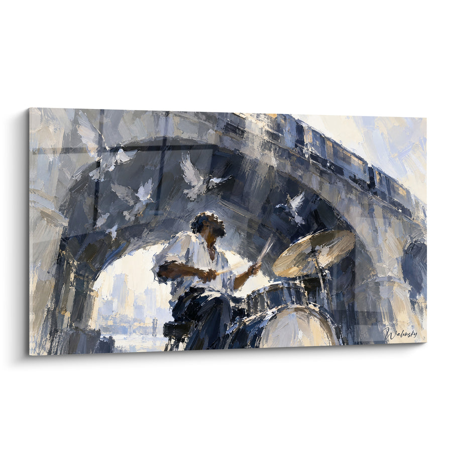Tableau Batteur sous un pont bleu et blanc - Envol sous l'arche - Edition Batterie de musique