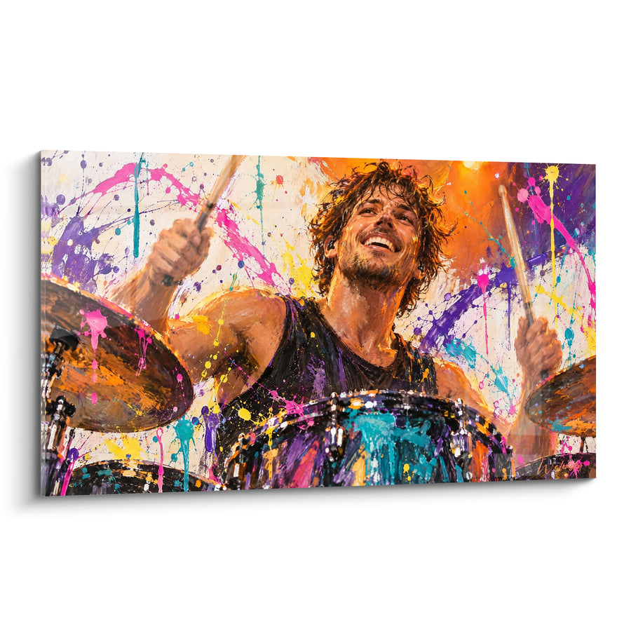 Tableau Batteur souriant cheveux mouillés éclaboussures turquoise et violettes - Sourire radieux - Edition Batterie de musique