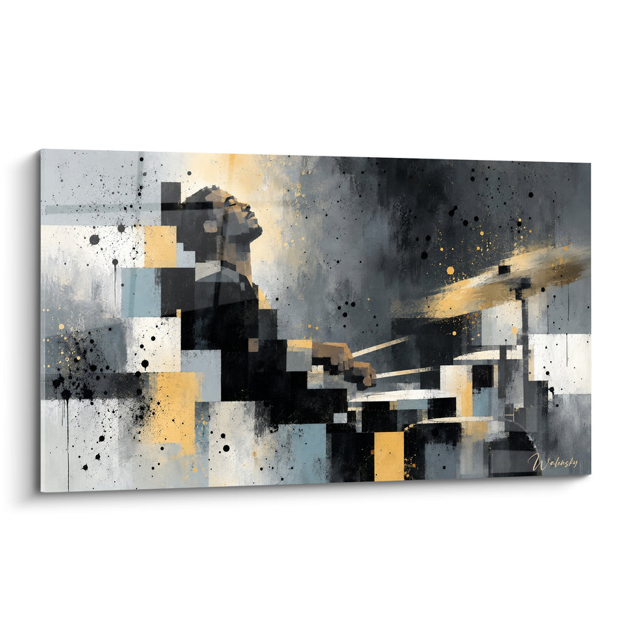 Tableau Batteur gris et doré en fragments géométriques - Éclaboussures d'encre noire - Edition Batterie de musique