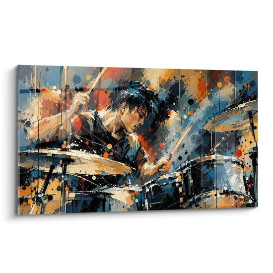 Tableau Batteur bleu et ocre aux baguettes croisées - Profil penché concentré - Edition Batterie de musique