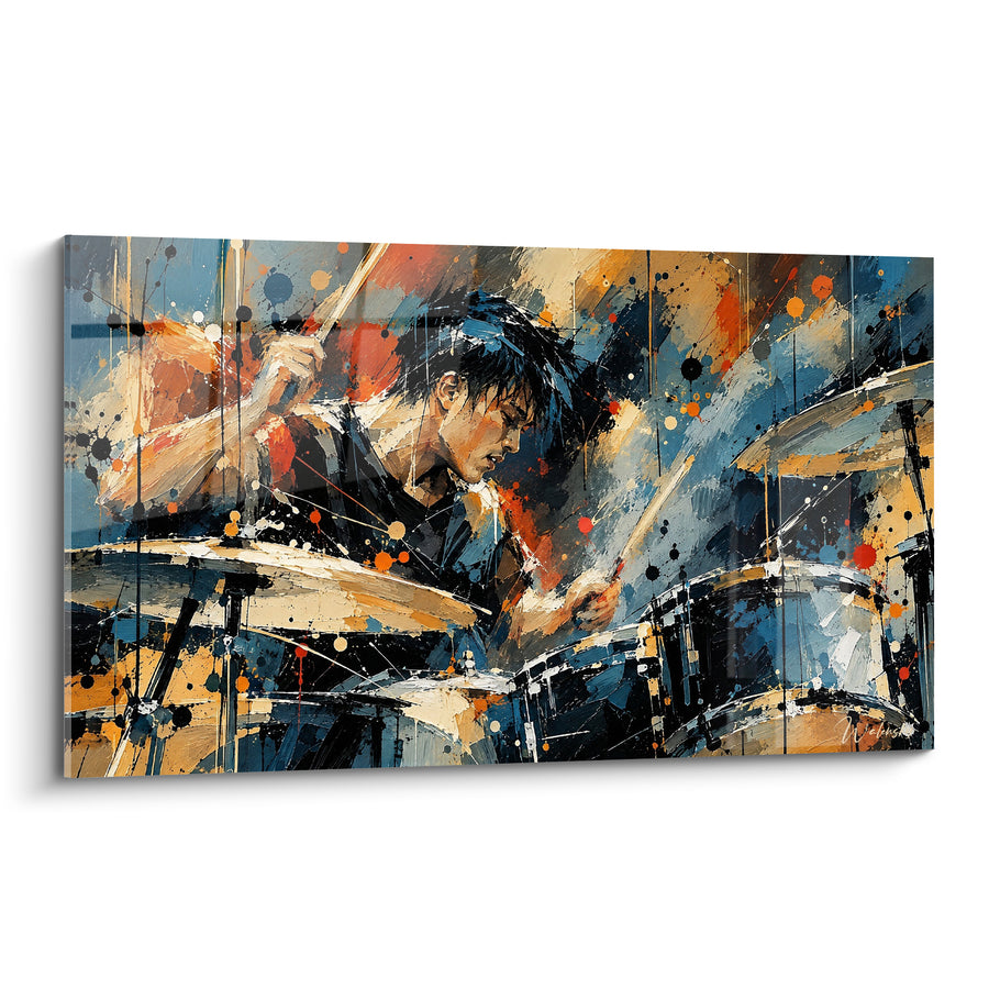 Tableau Batteur bleu et ocre aux baguettes croisées - Profil penché concentré - Edition Batterie de musique