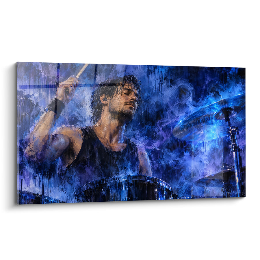 Tableau Batteur bleu et violet cheveux trempés - Fumée scénique bleutée - Edition Batterie de musique