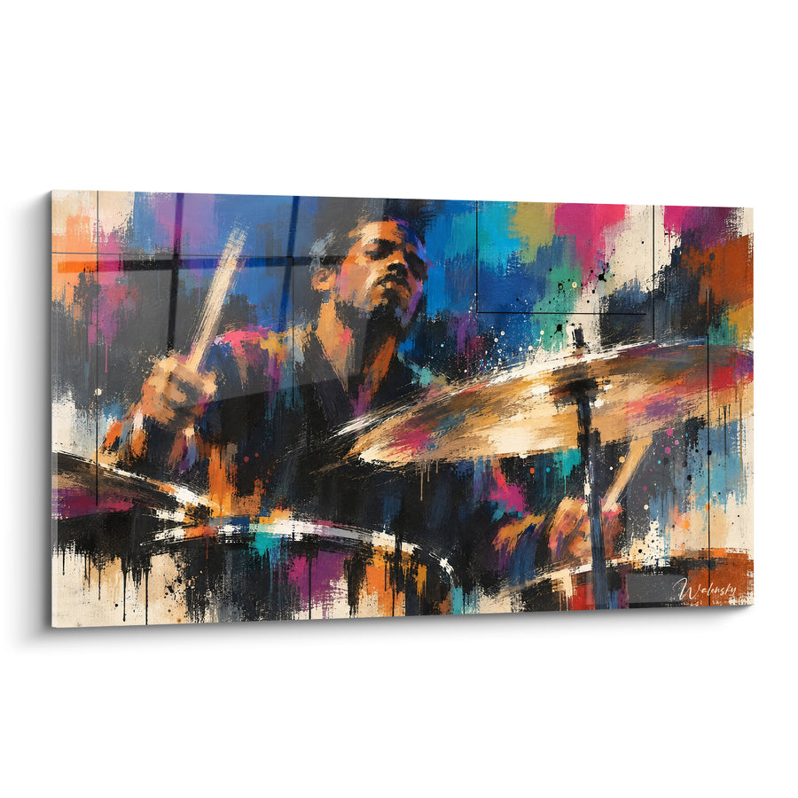 Tableau Batteur bleu et magenta yeux clos sur cymbales dorées - Paupières baissées concentration - Edition Batterie de musique