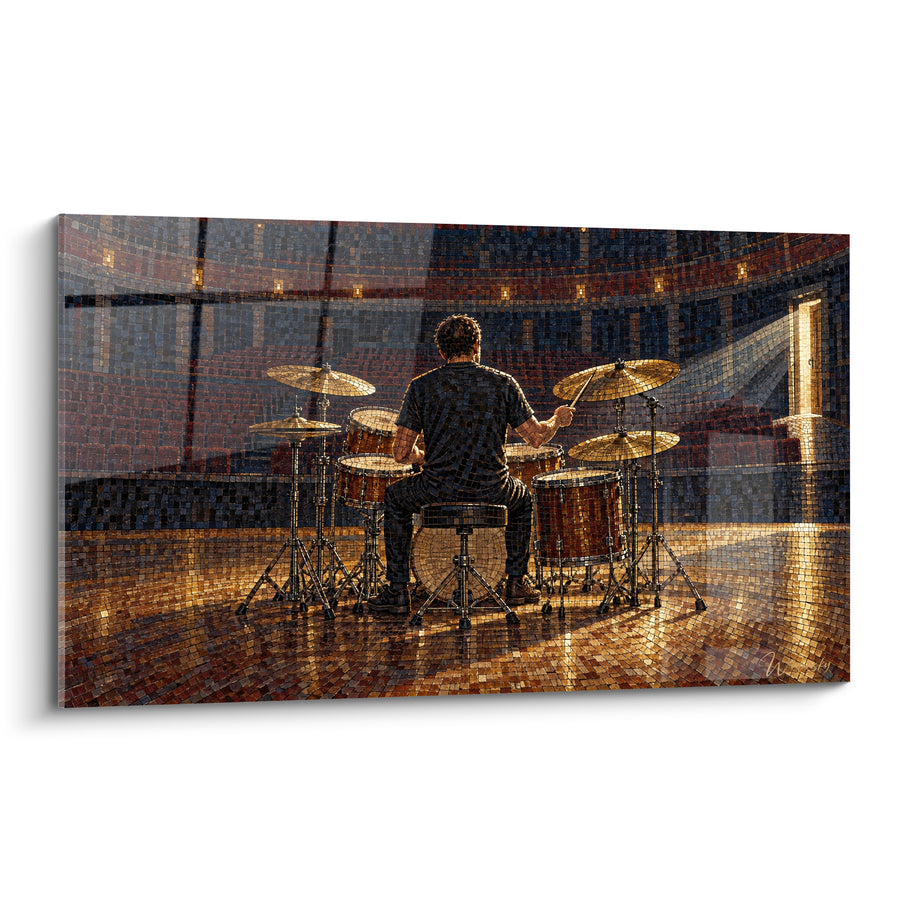 Tableau Batteur en mosaïque dorée et brune salle vide - Porte lumineuse en coulisse - Edition Batterie de musique