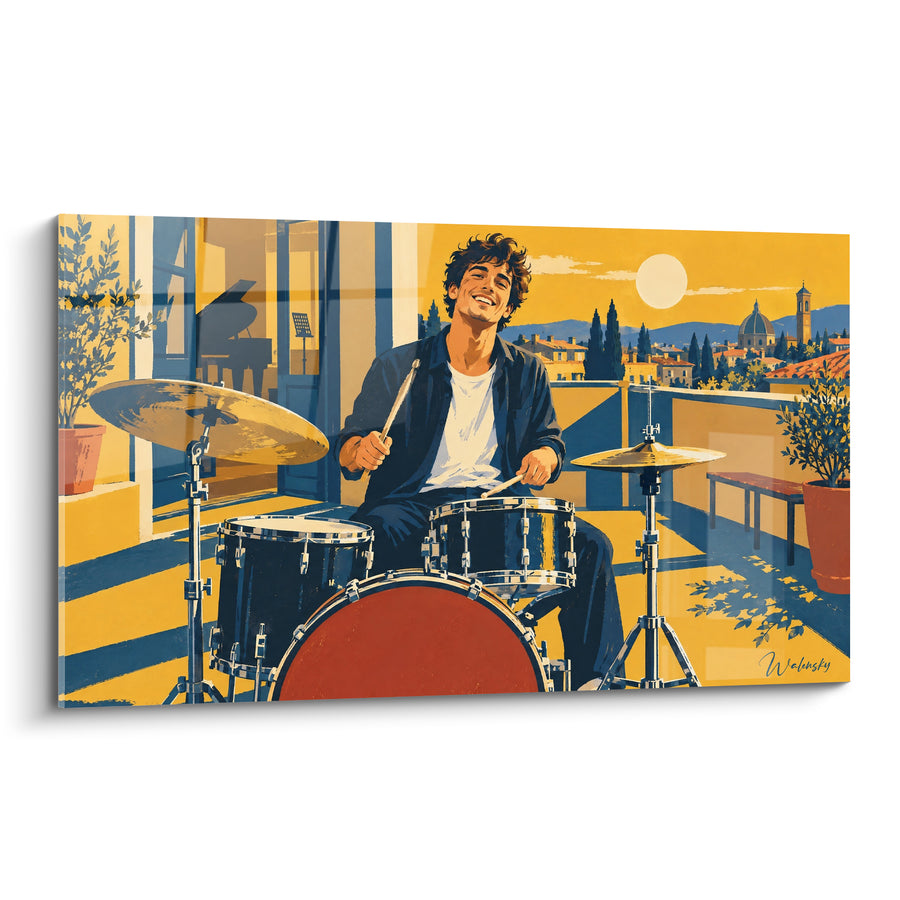 Tableau Batteur souriant ocre et bleu sur toit-terrasse - Rythme sous le soleil - Edition Batterie de musique