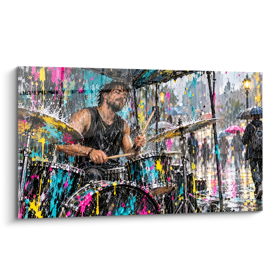 Tableau Batteur sous la pluie rose turquoise - Transe urbaine - Edition Batterie de musique