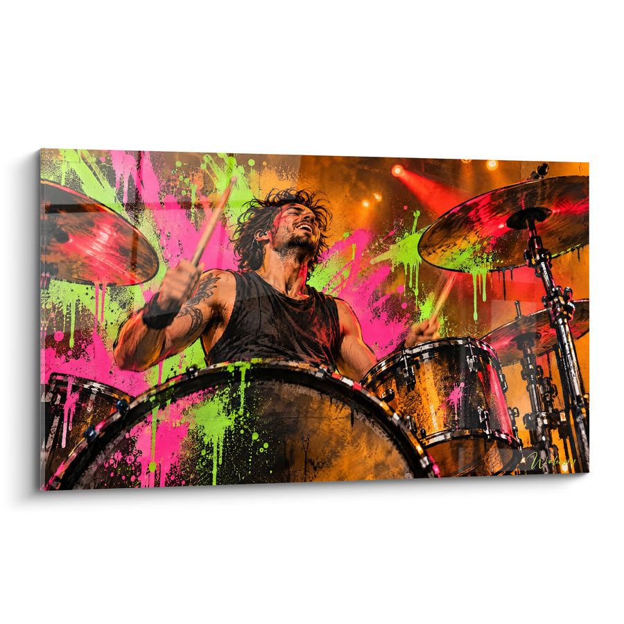 Tableau Batteur tatoué aux éclaboussures roses et vertes - Débardeur noir en concert - Edition Batterie de musique