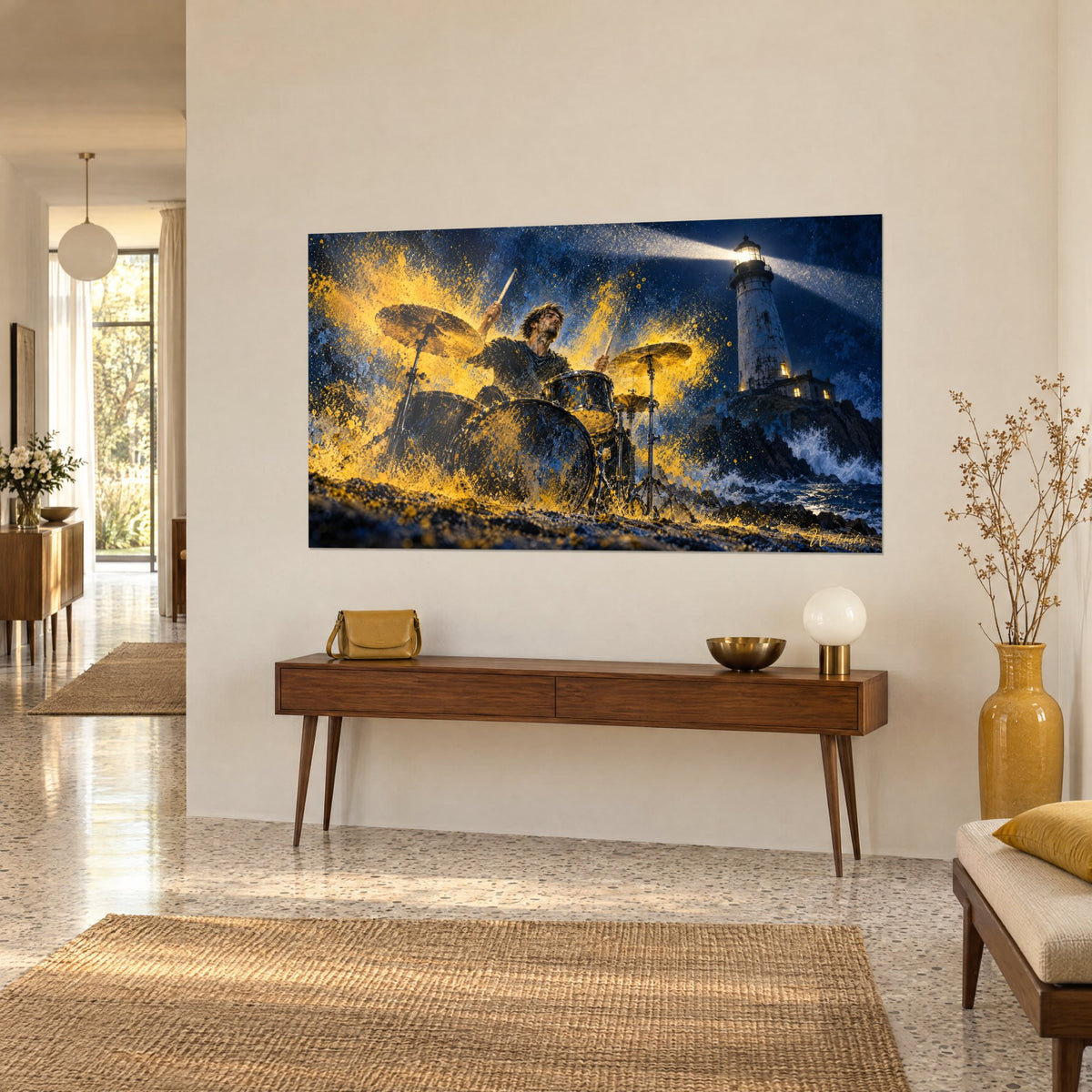 Tableau musicien en pleine frappe, cymbales cuivrées dans un nuage d'or et d'indigo, phare éclairé, vu de trois-quarts, console en bois