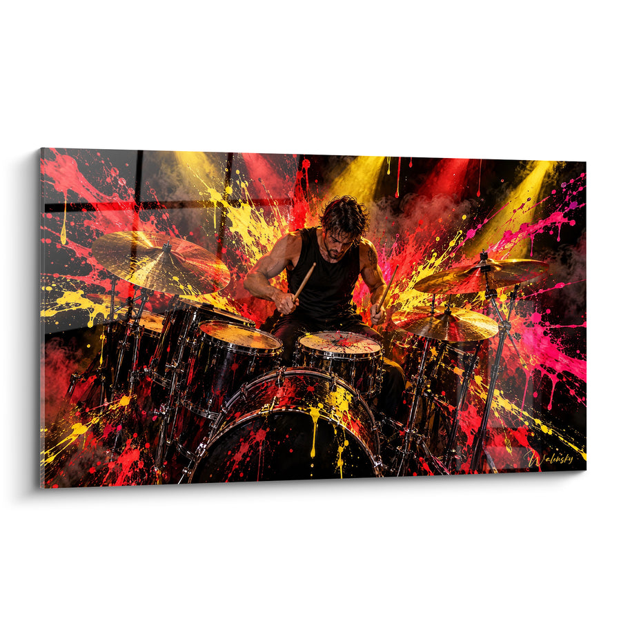 Tableau Batteur rouge et jaune aux baguettes levées - Débardeur noir en action - Edition Batterie de musique