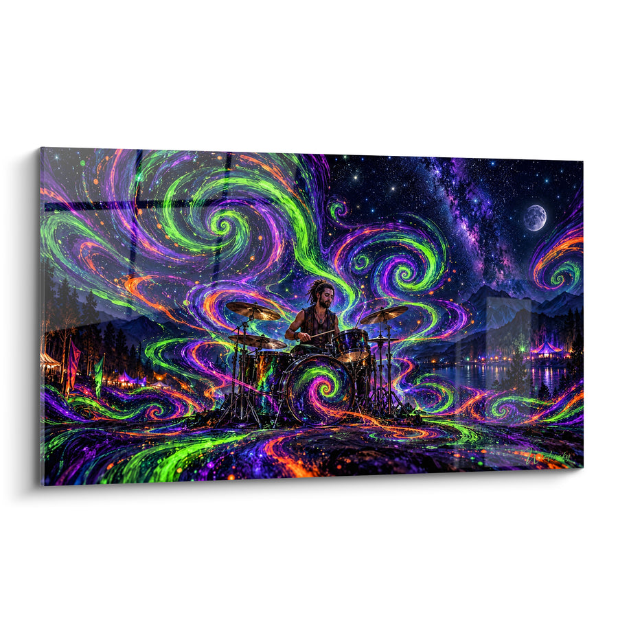 Tableau Batteur vert et violet aux tourbillons cosmiques - Transe nocturne - Edition Batterie de musique