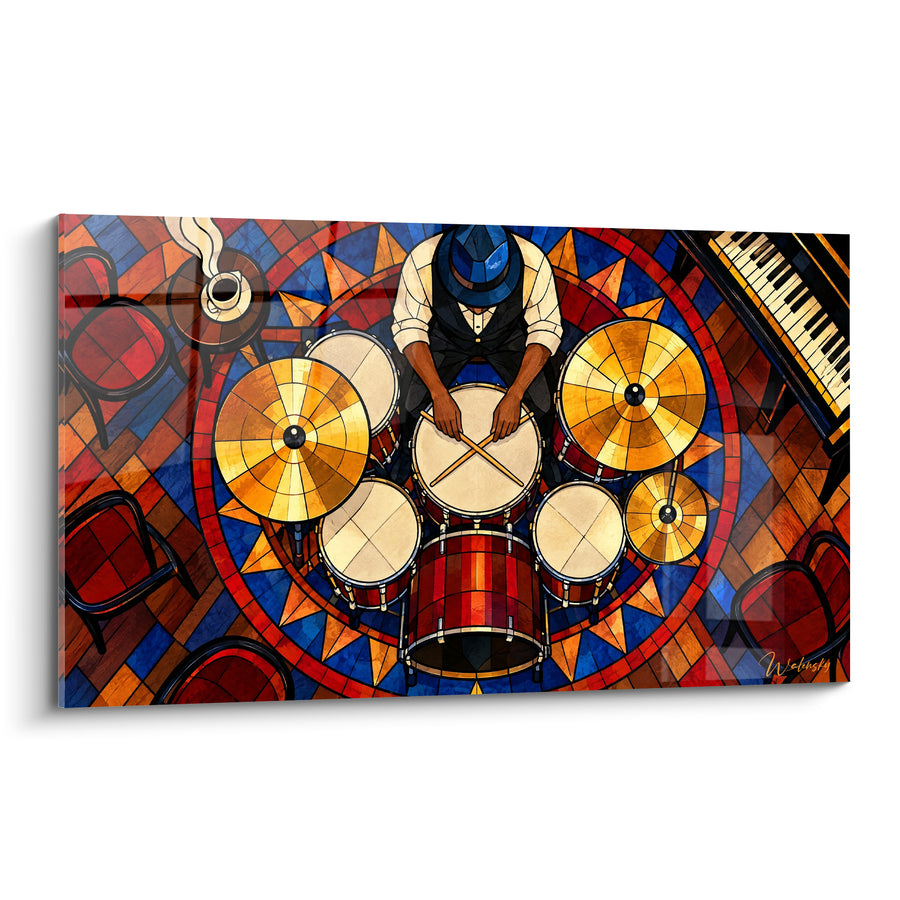 Tableau Batteur vu de dessus rouge et doré au chapeau bleu - Tasse de café fumante - Edition Batterie de musique