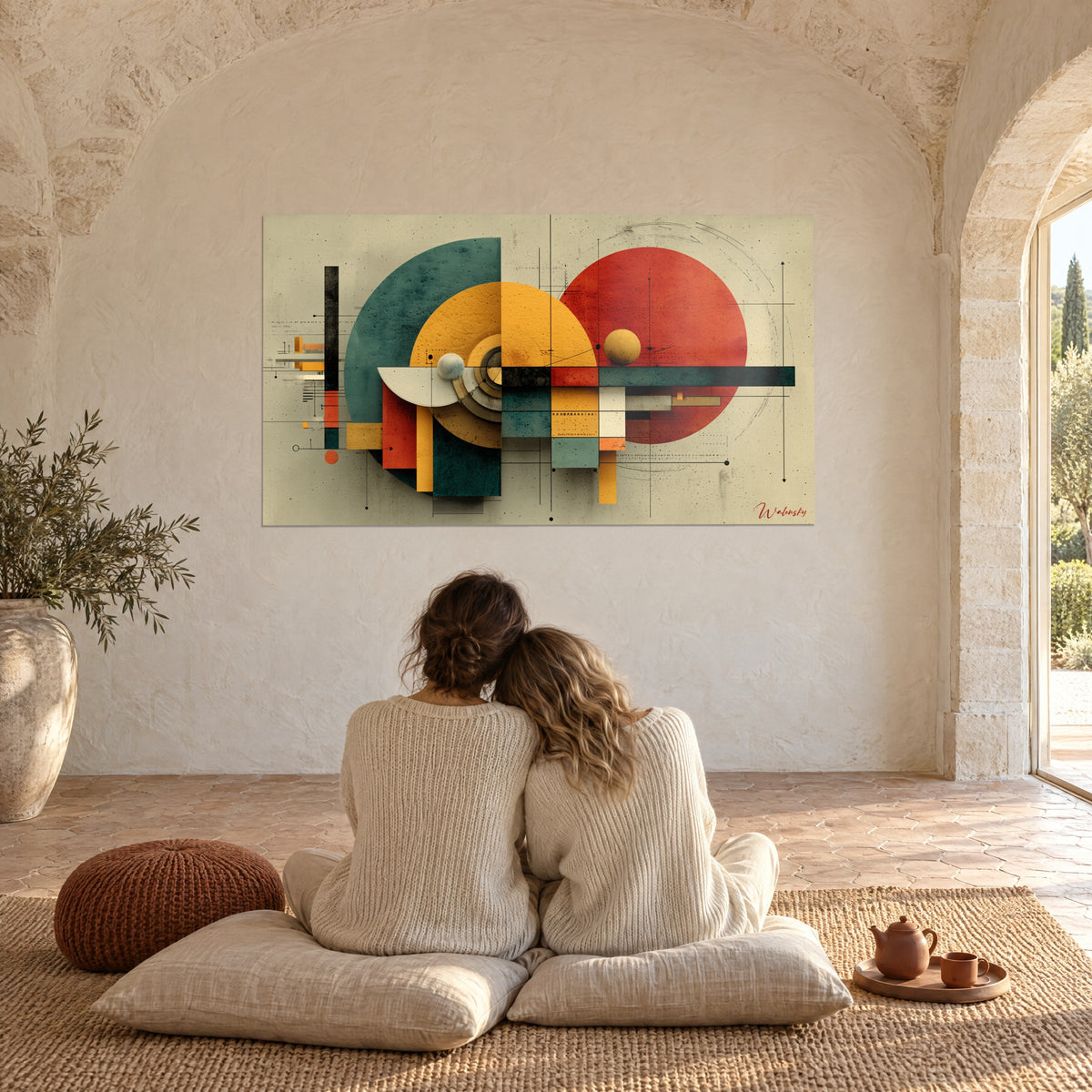 Cuadro mosaico de círculos y bloques rojo, amarillo y verde abeto, sobre una pared de piedra clara en un gran salón abovedado
