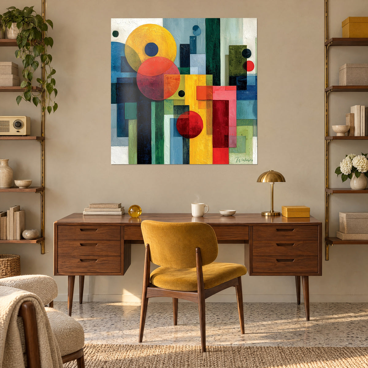 Gemälde konstruktivistische Kunst aus Blöcken in Bordeauxrot, Safrangelb und Himmelblau, über einem Holzschreibtisch aufgehängt
