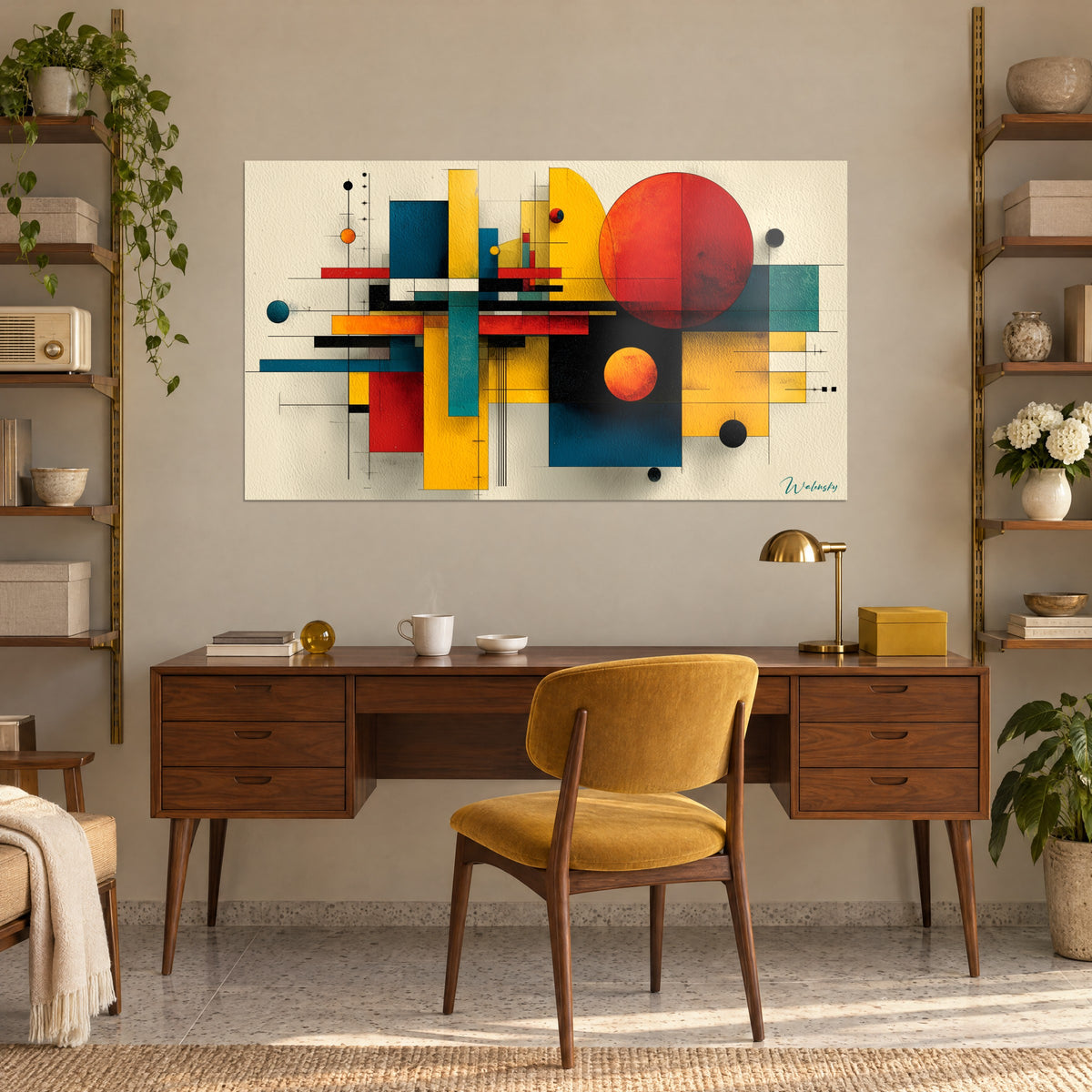 Cuadro de obra constructivista con esferas naranjas y negras, líneas finas y campos azul pato, sobre un escritorio de madera y un sillón amarillo