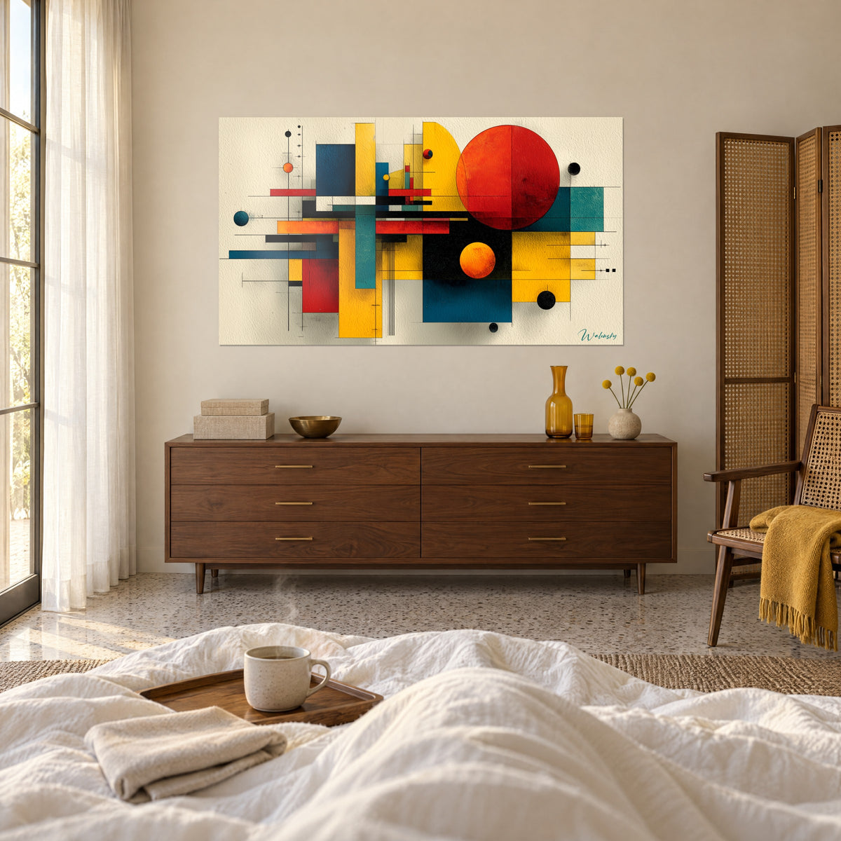 Cuadro de pintura abstracta de formas de colores, círculo rojo anaranjado, franjas negras y azules, sobre una cama en un dormitorio luminoso