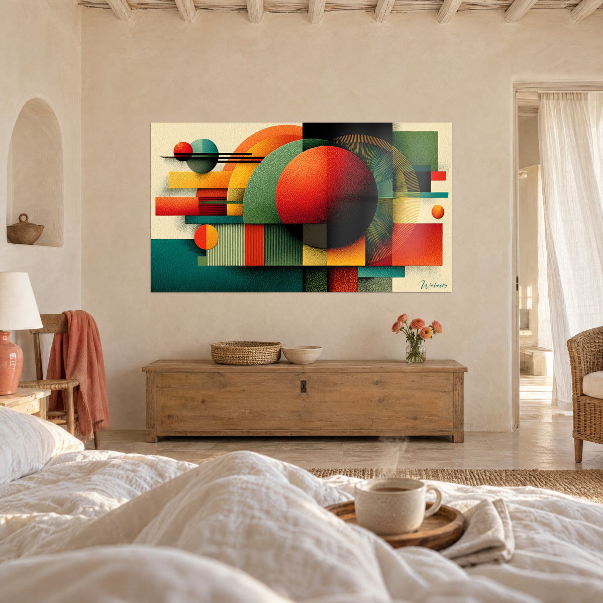 Cuadro con ritmo constructivo de formas verde salvia, rojo y amarillo mostaza, colgado encima de una cama en un dormitorio luminoso