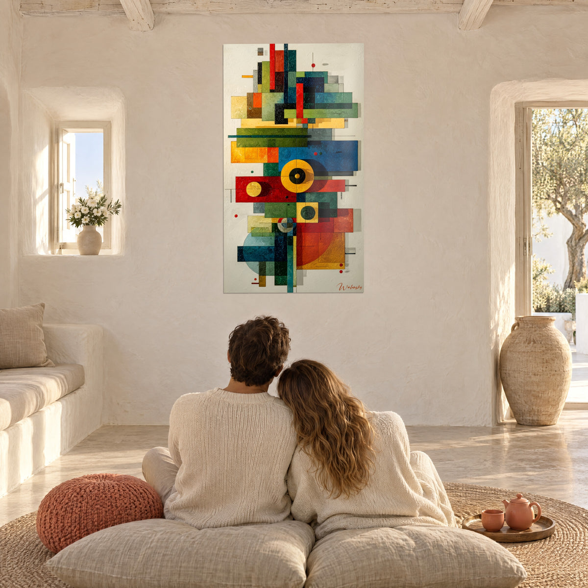 Cuadro puzzle moderno de cuadrados rojo vivo, amarillo mostaza y verde oliva, pareja de espaldas sentada sobre cojines, salón blanco