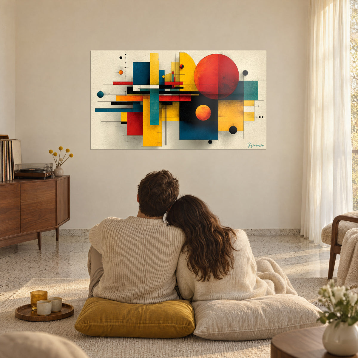 Cuadro mural geométrico con gran astro rojo, franjas turquesa y amarillo azafrán, frente a una pareja abrazada sentada de espaldas sobre cojines