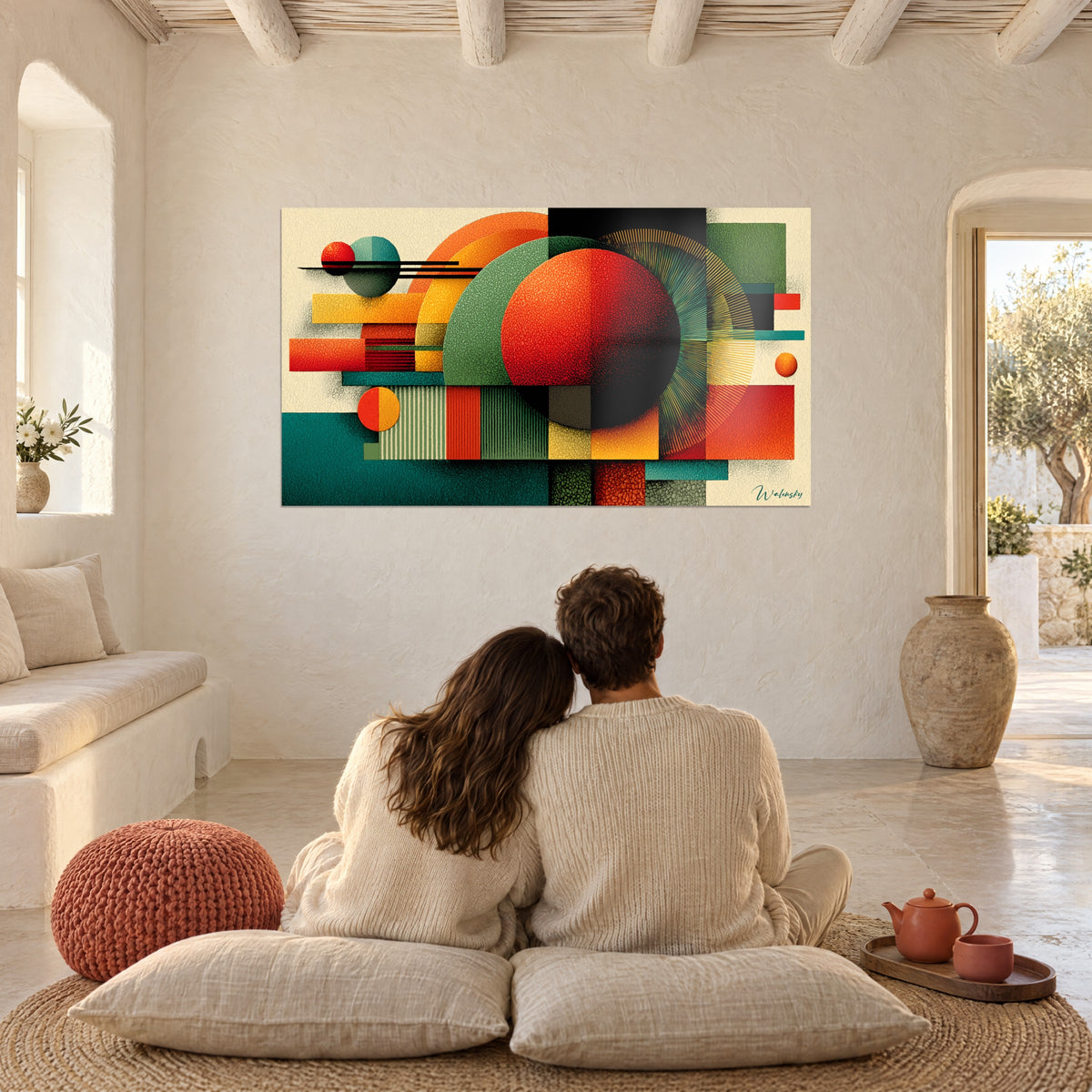 Cuadro de pareja de espaldas sentada en cojines en el suelo, planos verde oliva, azul pato y naranja, sol rojo granulado, casa blanca