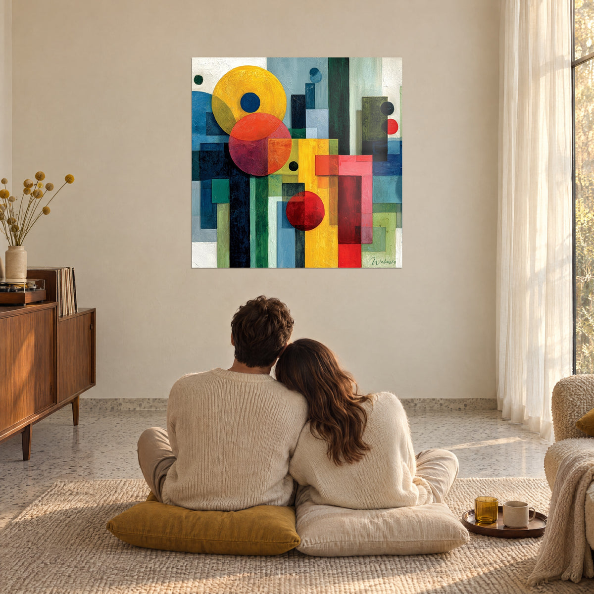 Gemälde Bauhaus-Leinwand mit grünen Rechtecken, orangefarbenen Scheiben und Nachtblau, gegenüber einem auf Kissen sitzenden Paar